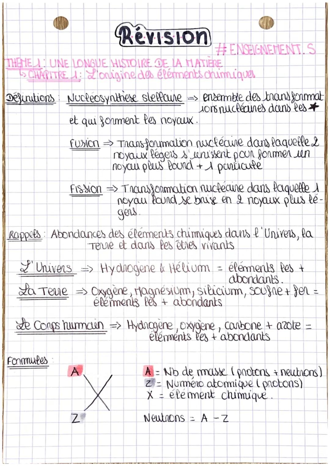 Révision
THEME UNE LONGUE HISTOIRE DE LA MATIERE
CHAPITRE 1: Lonigine des éléments chimiques
Definitions Nucleosynthese stellare => ensemble