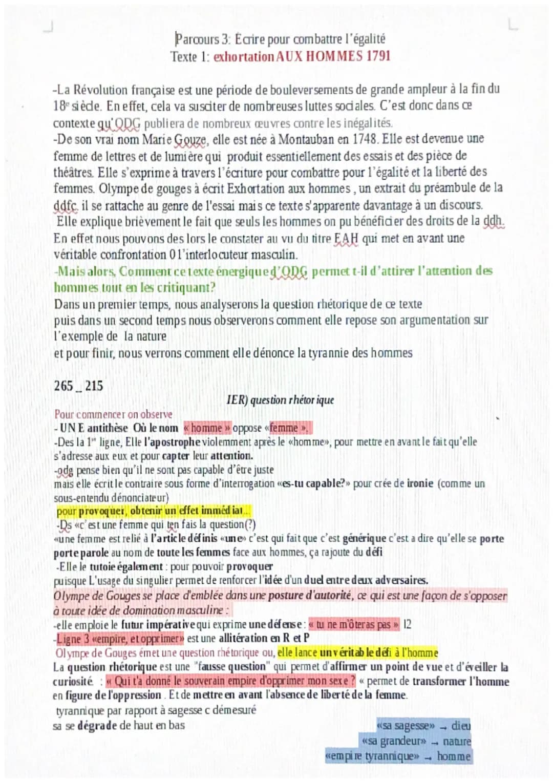 Parcours 3: Ecrire pour combattre l'égalité
Texte 1: exhortation AUX HOMMES 1791
-La Révolution française est une période de bouleversements