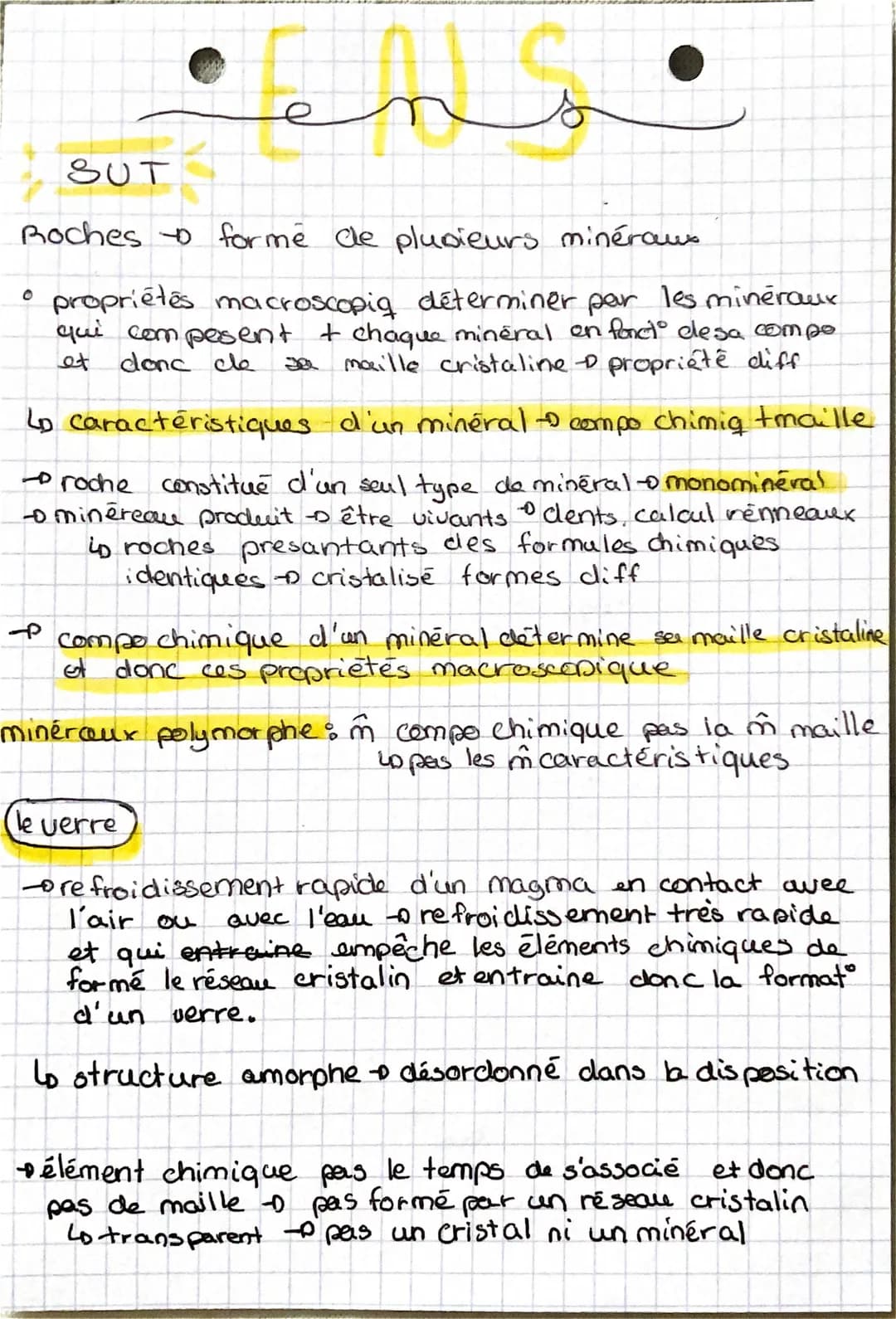 SUT
0
Roches to forme de plusieurs minéraux
propriétés macroscopiq déterminer par les minéraux
qui compesent + chaque minéral en fonct° eles