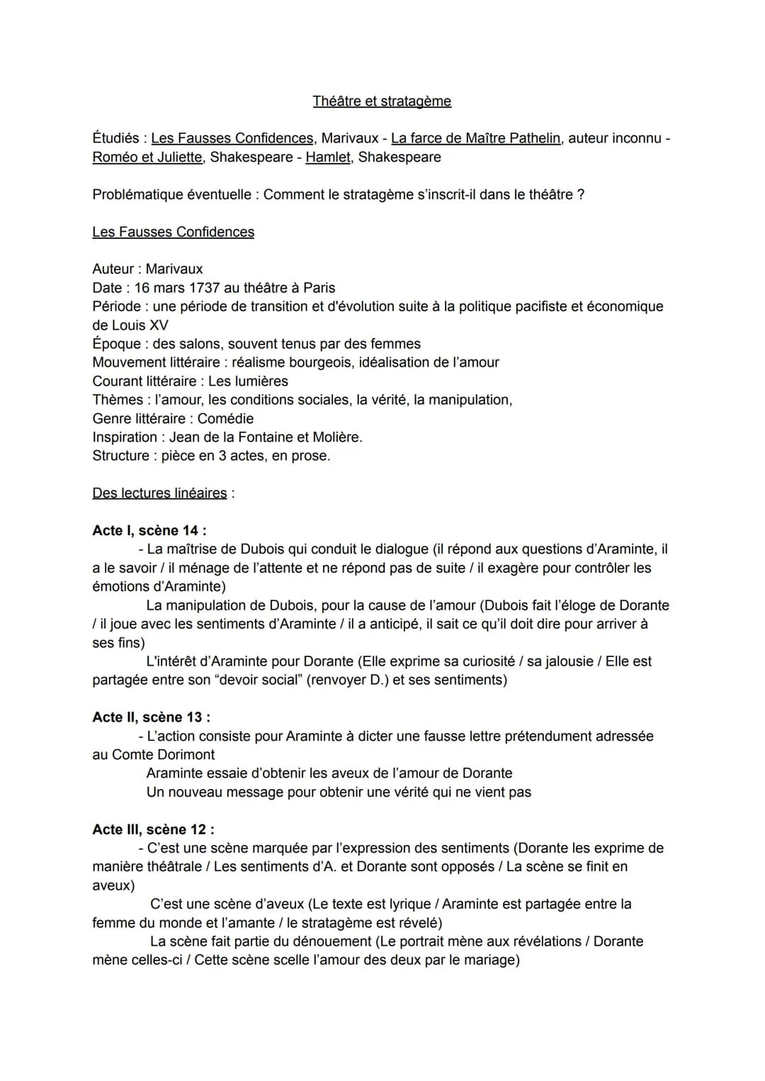 Théâtre et stratagème
Étudiés : Les Fausses Confidences, Marivaux - La farce de Maître Pathelin, auteur inconnu -
Roméo et Juliette, Shakesp