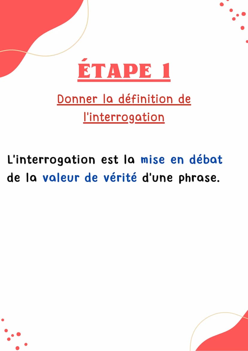 INTERROGATION
Français
BAC DE FRANÇAIS ÉTAPE 1
Donner la définition de
l'interrogation
L'interrogation est la mise en débat
de la valeur de 