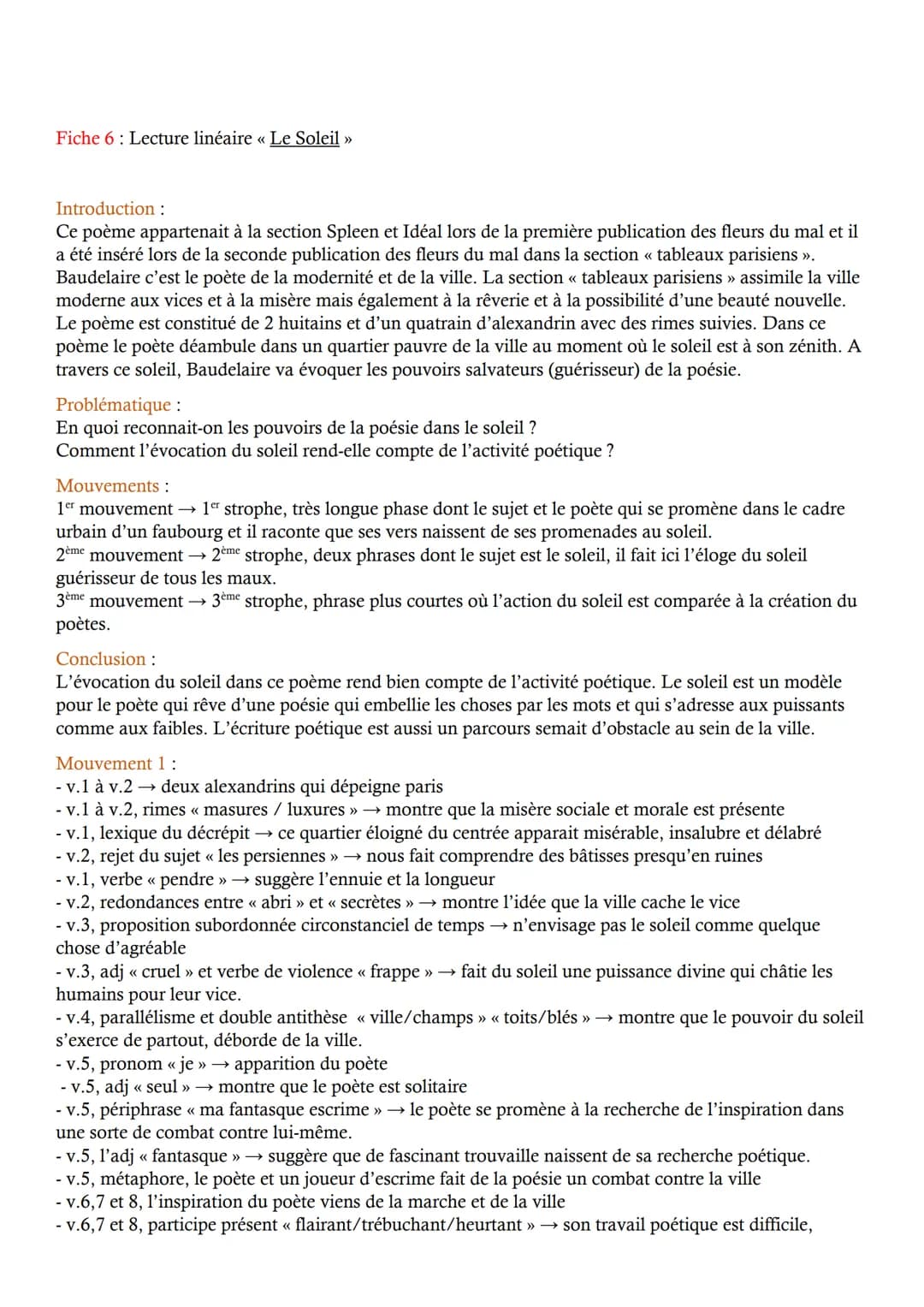 Fiche 6 Lecture linéaire « Le Soleil >>
Introduction :
Ce poème appartenait à la section Spleen et Idéal lors de la première publication des