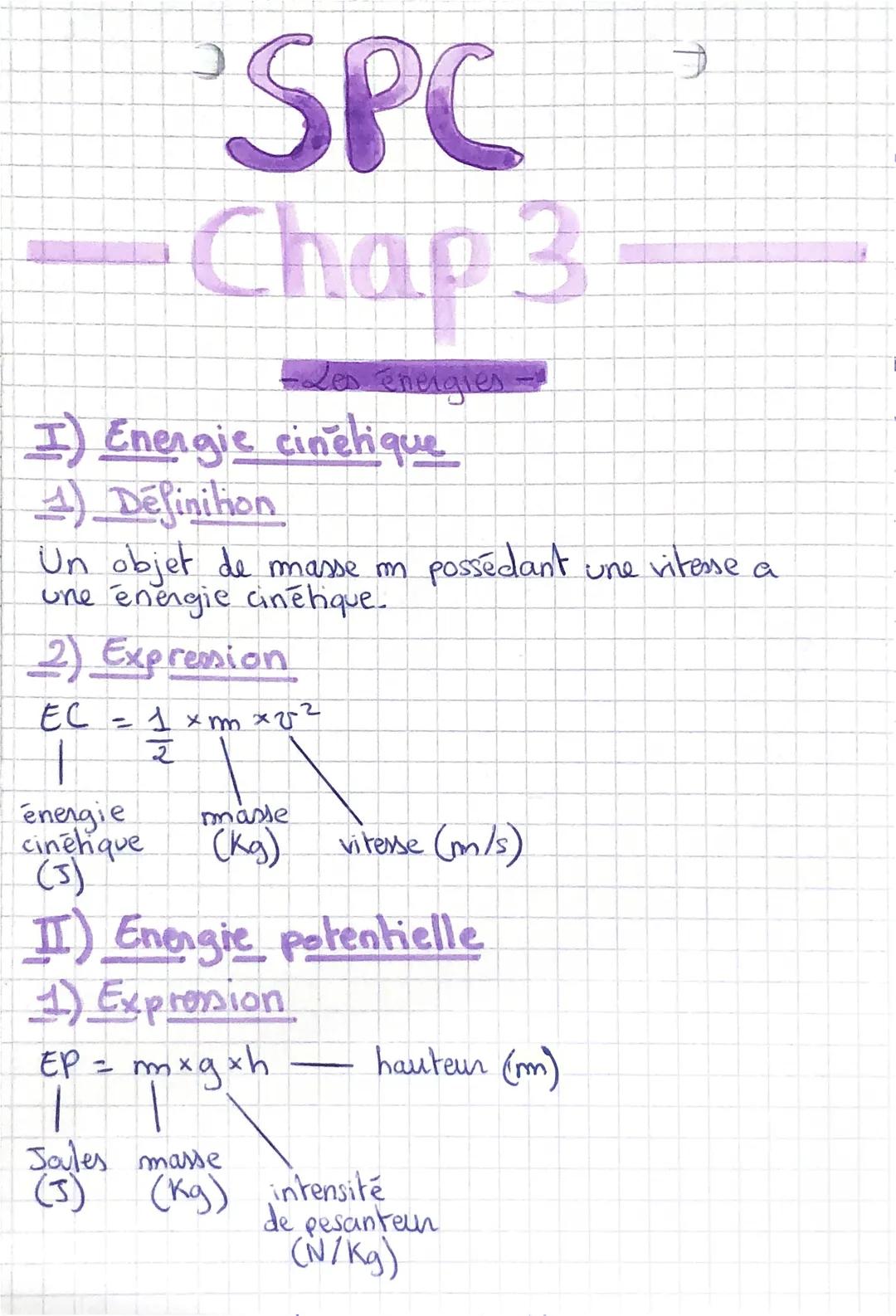 SPC

-Chap 3-

-Les énergies --

I) Energie cinétique

1) Définition

Un objet de masse m possédant une vitesse a
une énergie cinétique.

2)