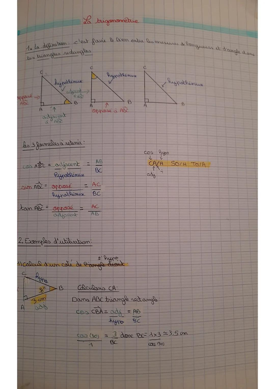 1. La definition: c'est faire le lien entre les mesures de longueurs et d'angle dans
les triangles rectangles
oppere
A&
с
h
A
A
A
hy pol hem