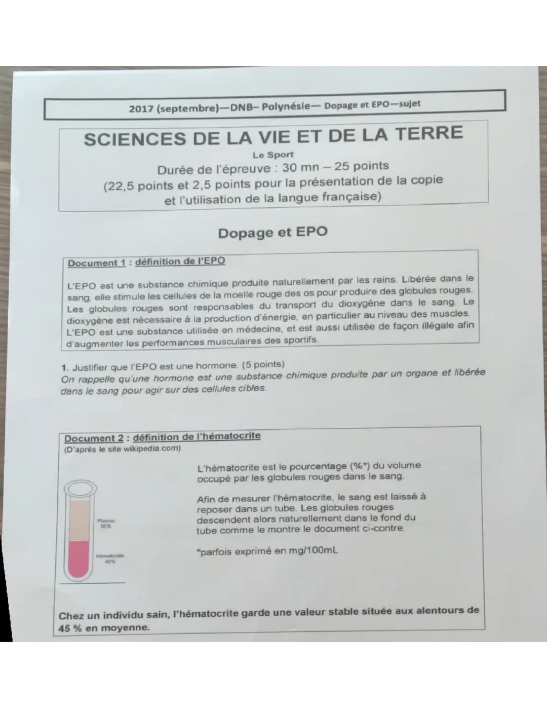 Sujet type brevet svt