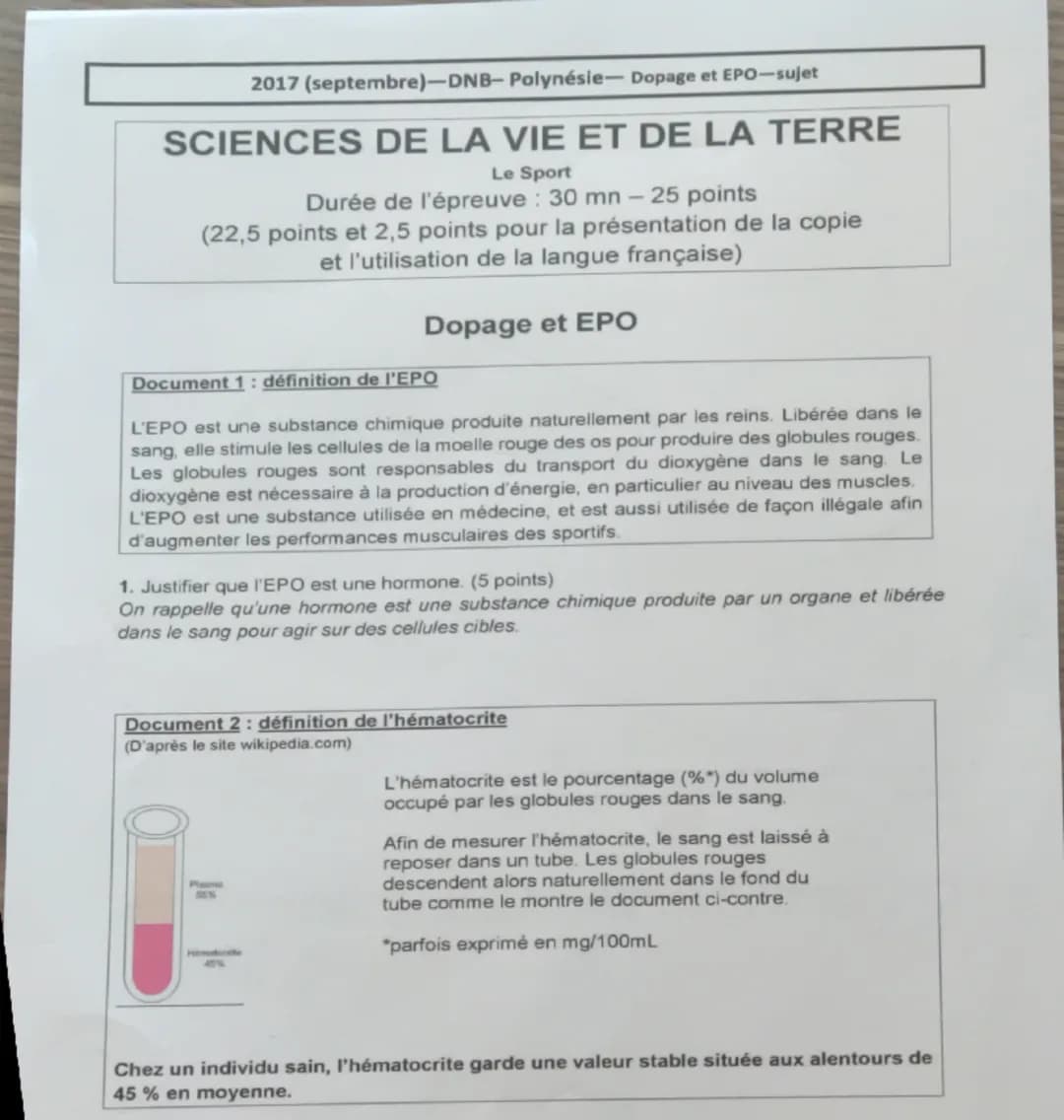 2017 (septembre)-DNB-Polynésie-Dopage et EPO-sujet
SCIENCES DE LA VIE ET DE LA TERRE
Le Sport
Durée de l'épreuve : 30 mn - 25 points
(22,5 p