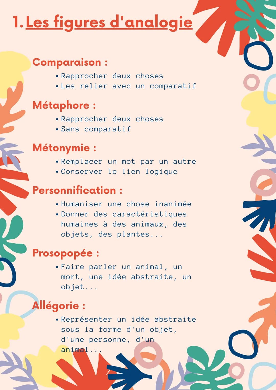 FICHE OUTIL
Les figures o
de style
1. Les figures d'analogie
2. Les figures d'opposition
3. Les figures d'amplification
4. Autres figures 1.