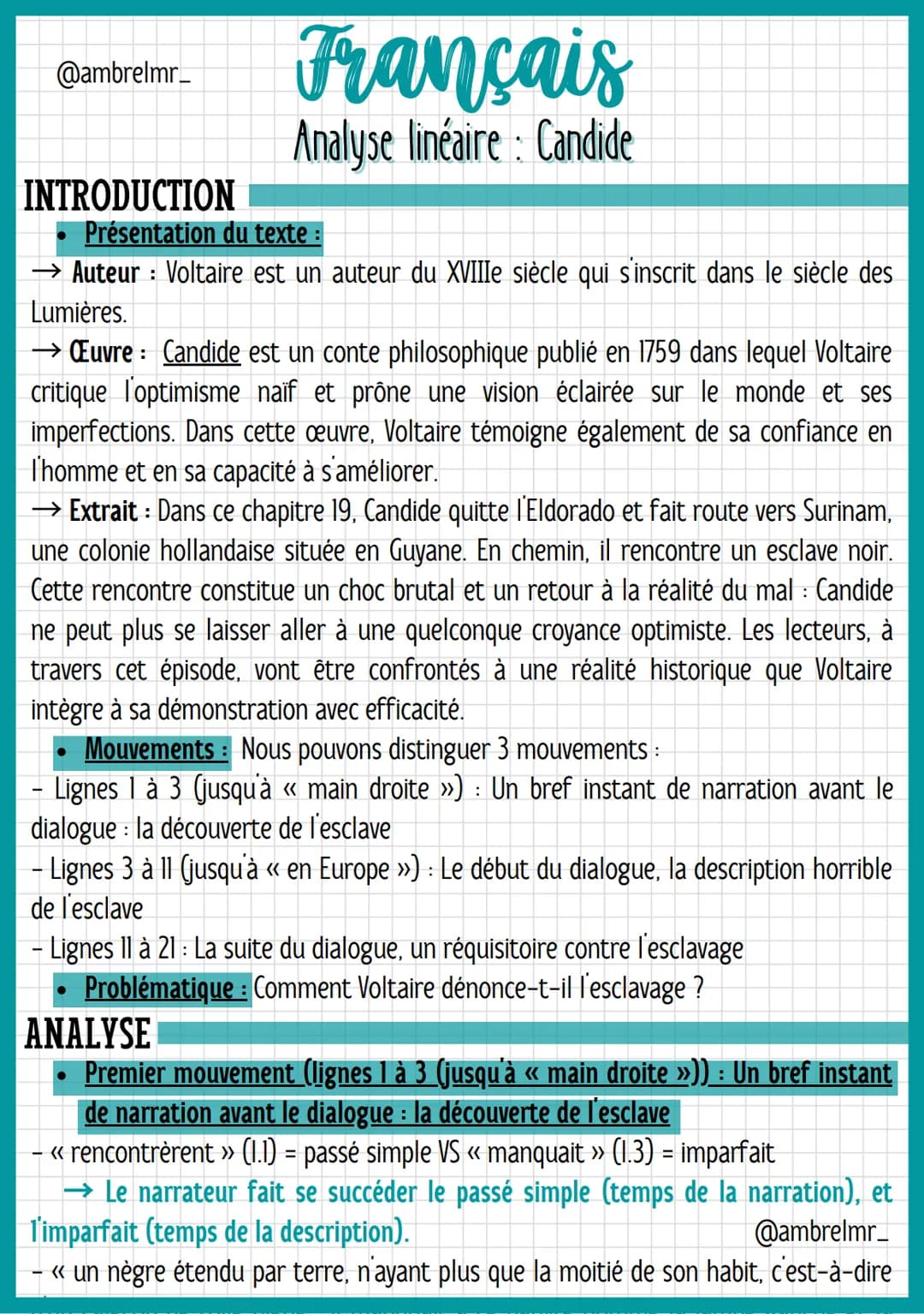 @ambrelmr_
INTRODUCTION
Français
Analyse linéaire: Candide
Présentation du texte :
→ Auteur : Voltaire est un auteur du XVIIIe siècle qui s'