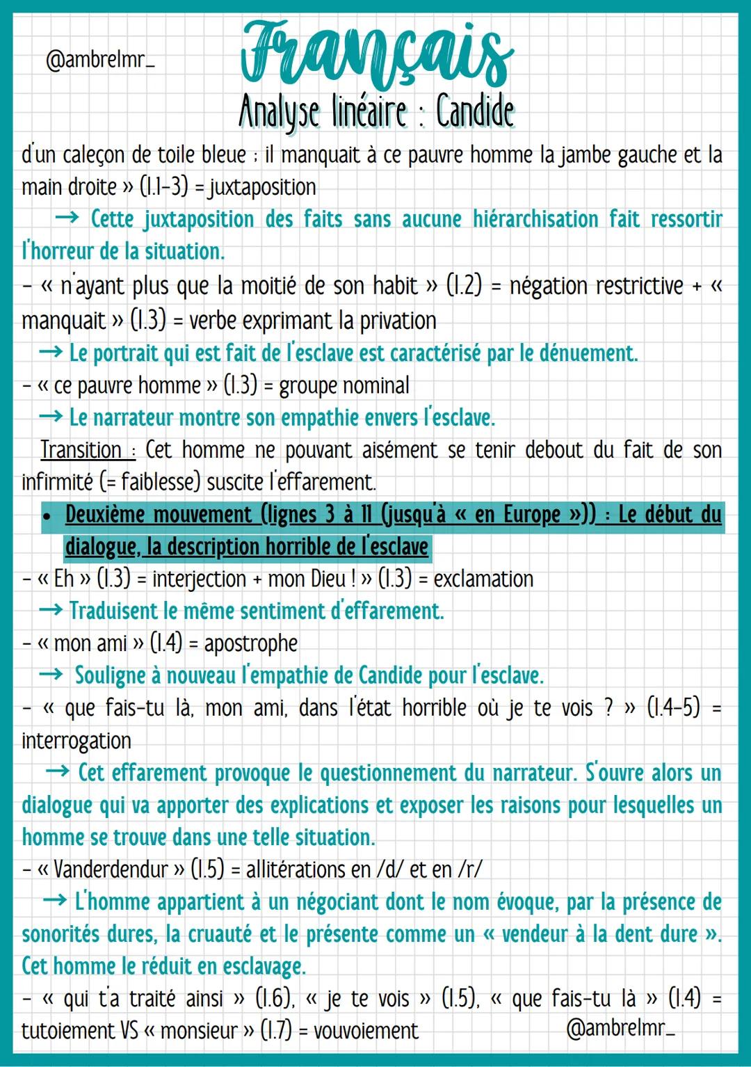 @ambrelmr_
INTRODUCTION
Français
Analyse linéaire: Candide
Présentation du texte :
→ Auteur : Voltaire est un auteur du XVIIIe siècle qui s'