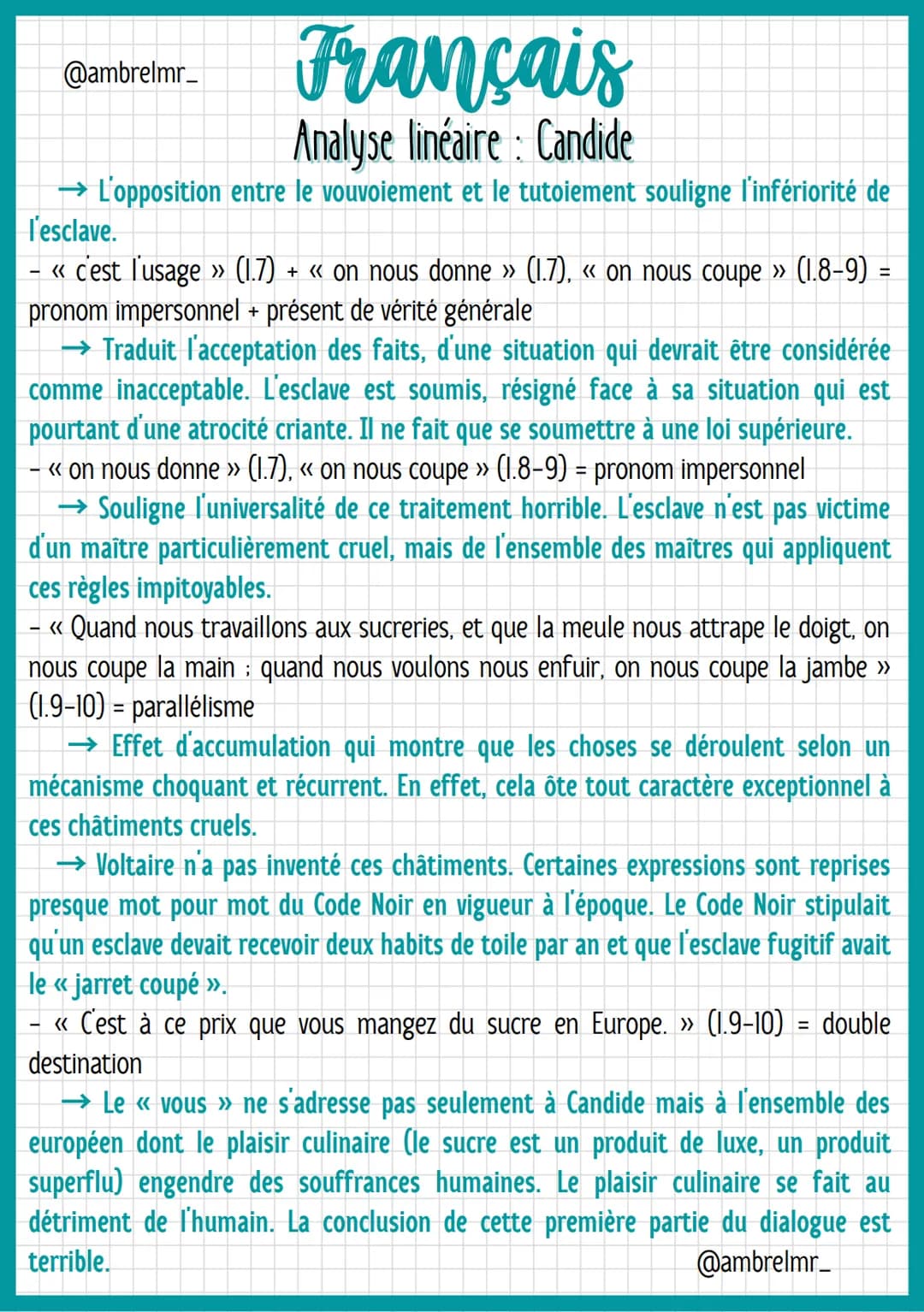 @ambrelmr_
INTRODUCTION
Français
Analyse linéaire: Candide
Présentation du texte :
→ Auteur : Voltaire est un auteur du XVIIIe siècle qui s'