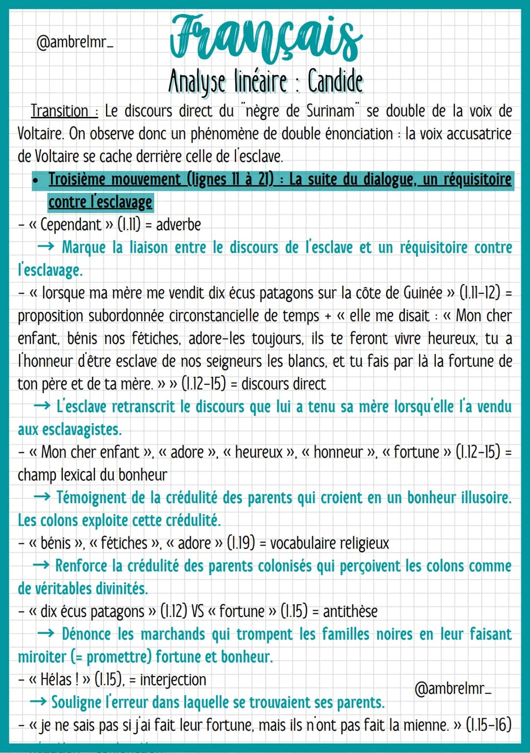 @ambrelmr_
INTRODUCTION
Français
Analyse linéaire: Candide
Présentation du texte :
→ Auteur : Voltaire est un auteur du XVIIIe siècle qui s'