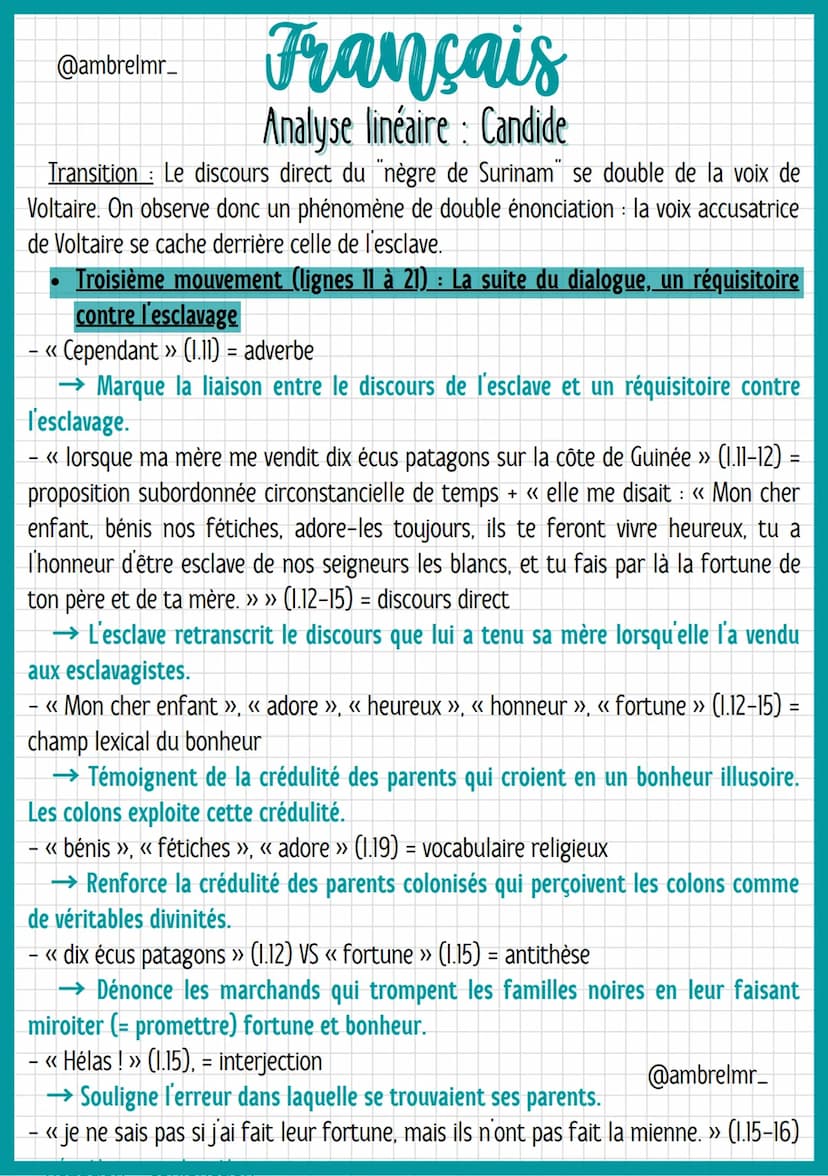 @ambrelmr_
INTRODUCTION
Français
Analyse linéaire: Candide
Présentation du texte :
→ Auteur : Voltaire est un auteur du XVIIIe siècle qui s'
