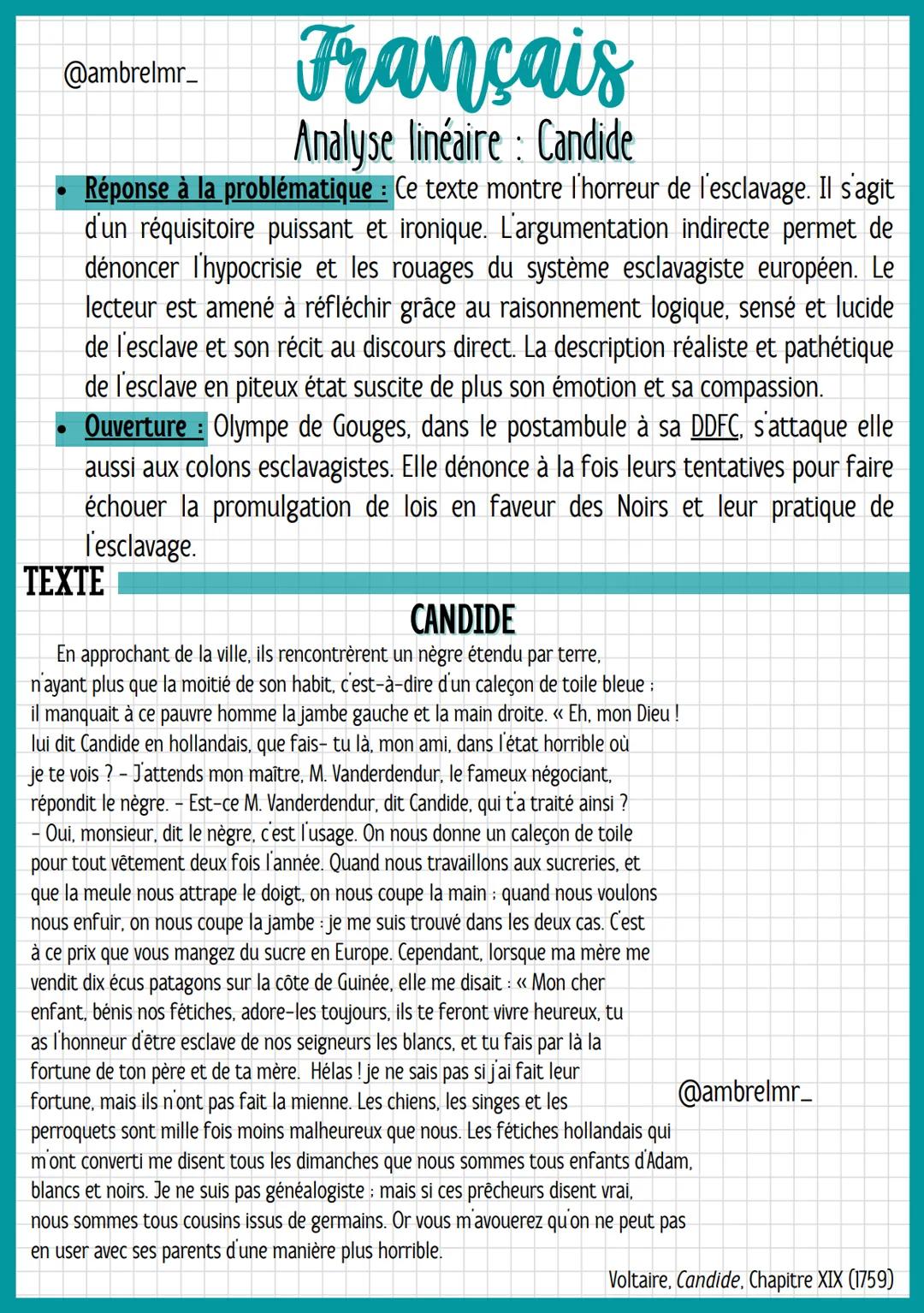 @ambrelmr_
INTRODUCTION
Français
Analyse linéaire: Candide
Présentation du texte :
→ Auteur : Voltaire est un auteur du XVIIIe siècle qui s'