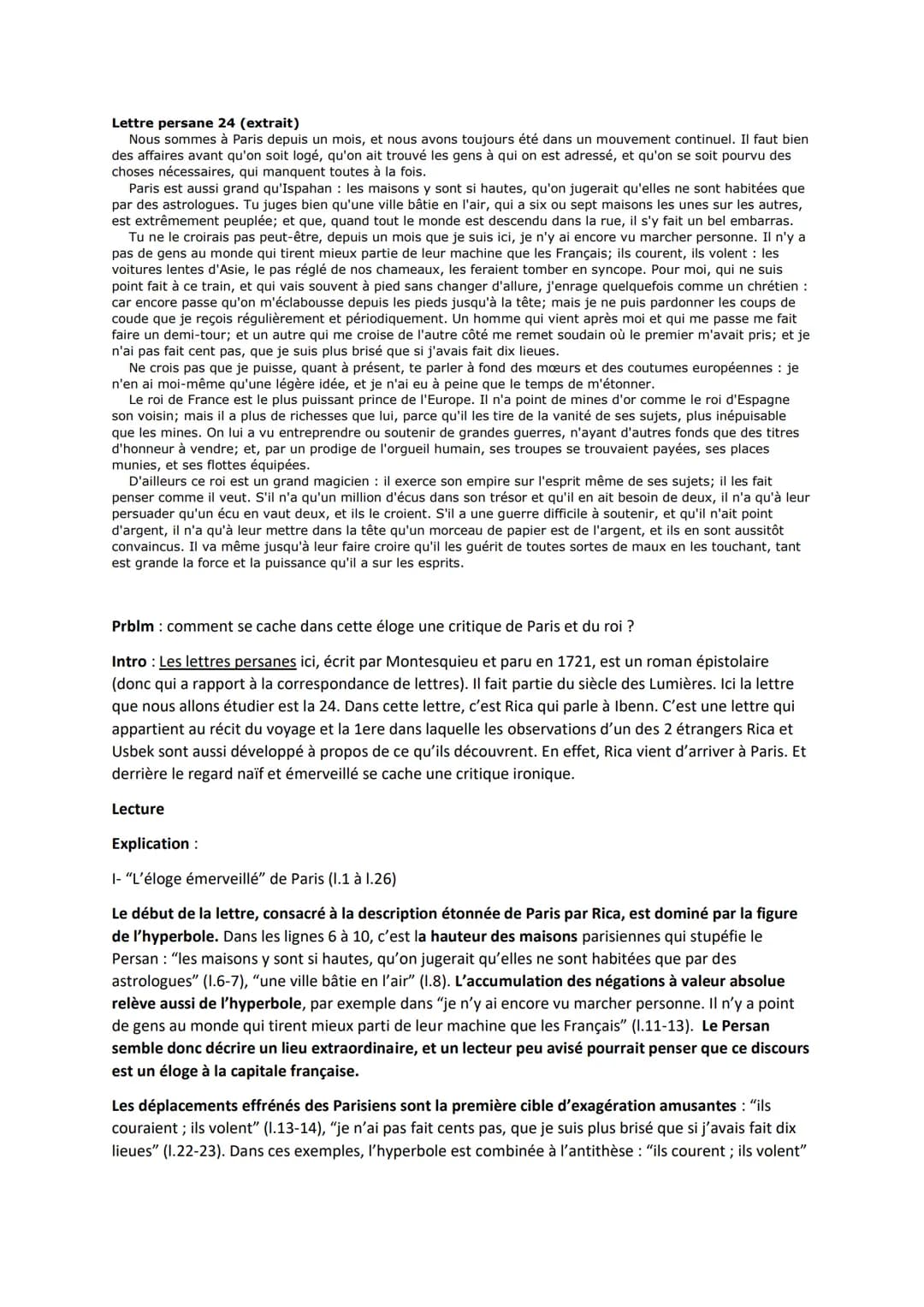 Lettre persane 24 (extrait)
Nous sommes à Paris depuis un mois, et nous avons toujours été dans un mouvement continuel. Il faut bien
des aff
