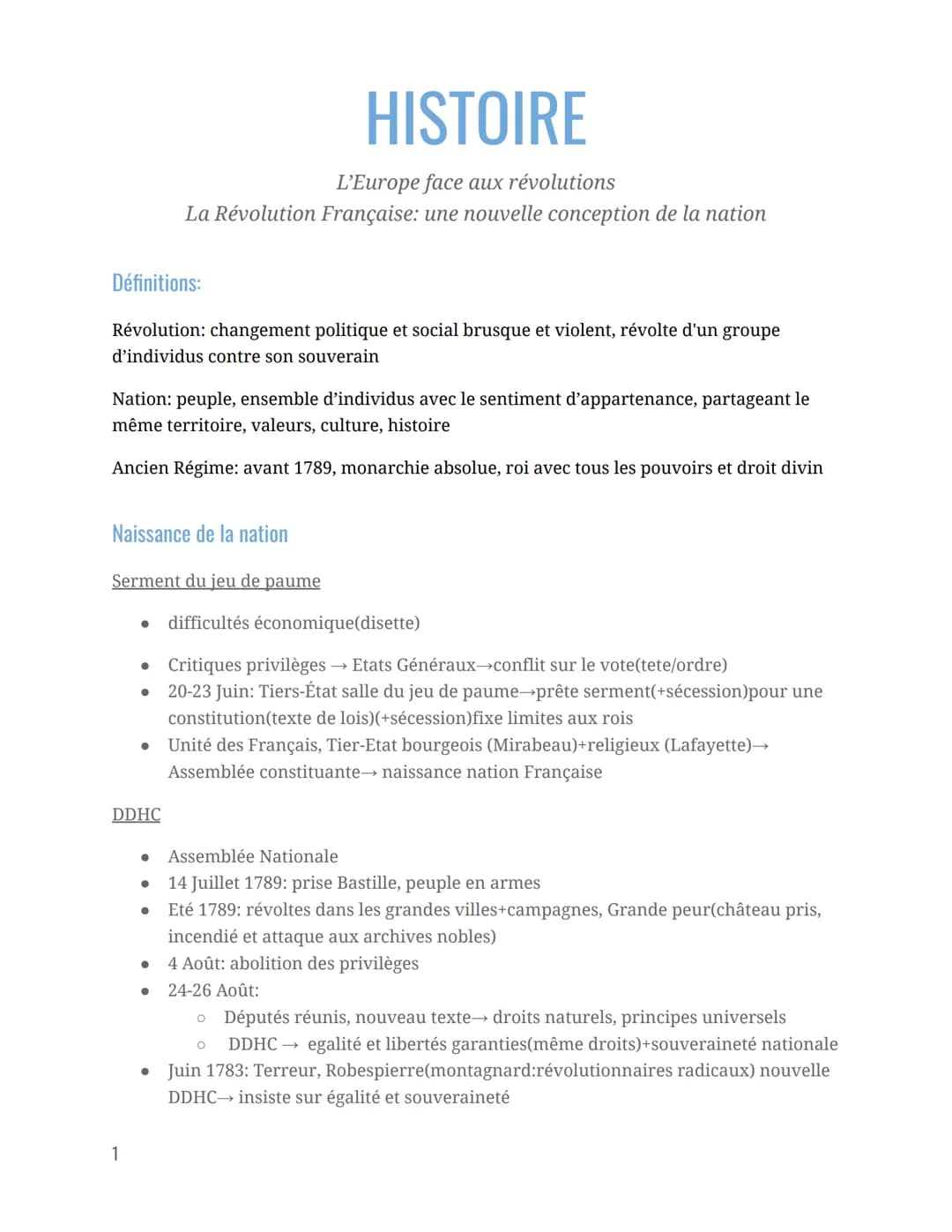 Définitions:
Révolution: changement politique et social brusque et violent, révolte d'un groupe
d'individus contre son souverain
Nation: peu