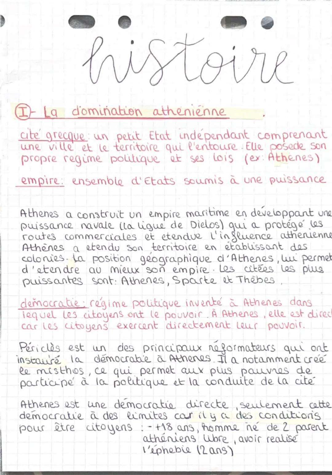 histoire
La domination athenienne
cite grecque un petit Etat indépendant comprenant
une ville et le territoire qui l'entoure. Elle posede so