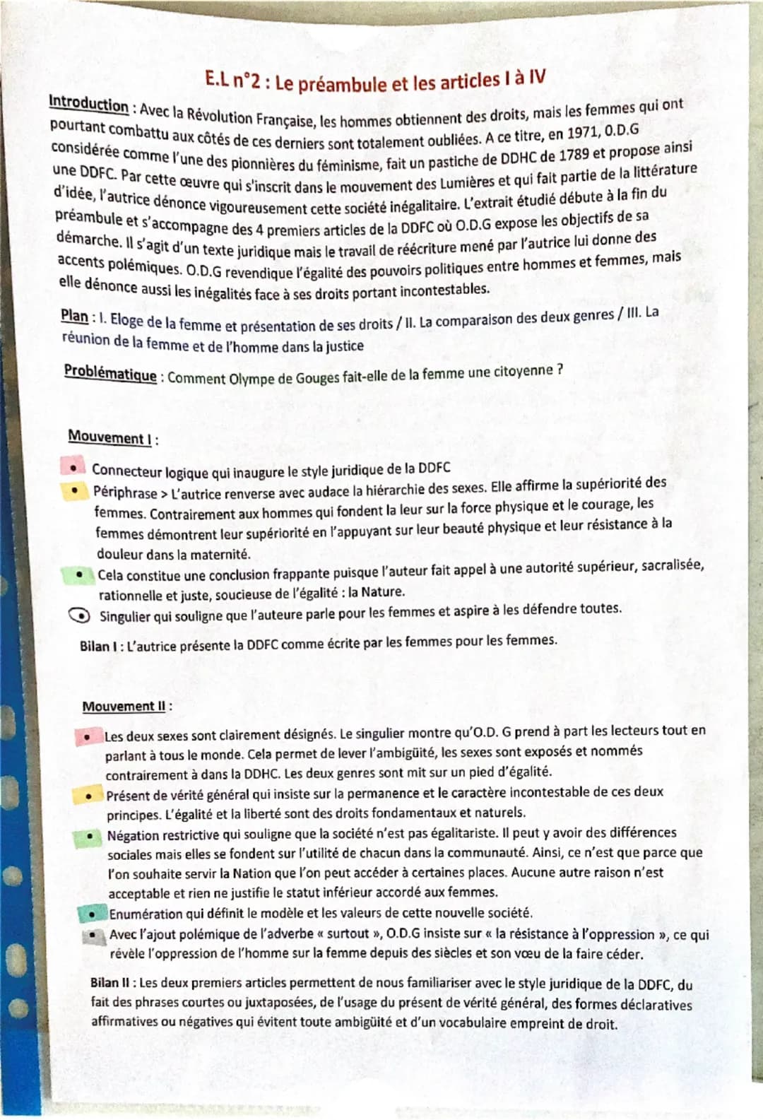 E.L n°2: Le préambule et les articles I à IV
Introduction: Avec la Révolution Française, les hommes obtiennent des droits, mais les femmes q