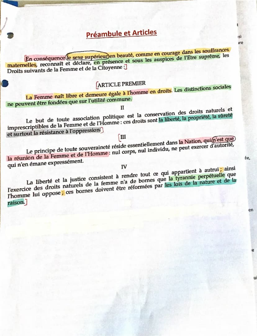 E.L n°2: Le préambule et les articles I à IV
Introduction: Avec la Révolution Française, les hommes obtiennent des droits, mais les femmes q
