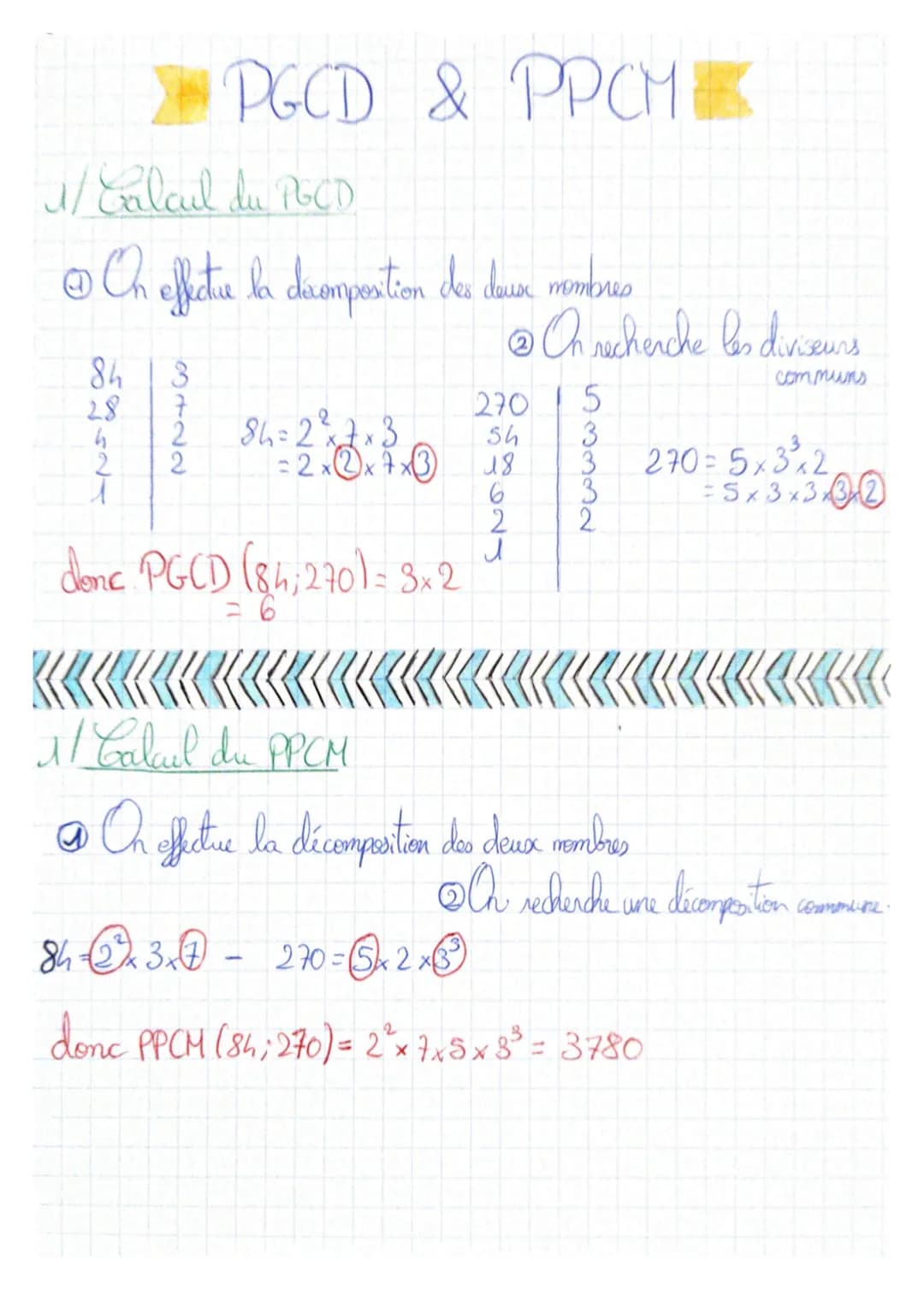 N/ Calcul du PGCD
Ⓒ Ch effectie la decompostion des dauer mombres
84
28.
PGCD & PPCM
3722
86=2x7x3
= 2 x 2 x + x3
2 Ch recherche les diviseu