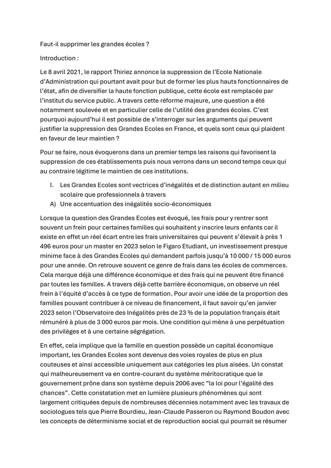 Faut-il supprimer les grandes écoles ?
Introduction:
Le 8 avril 2021, le rapport Thiriez annonce la suppression de l'Ecole Nationale
d'Admin