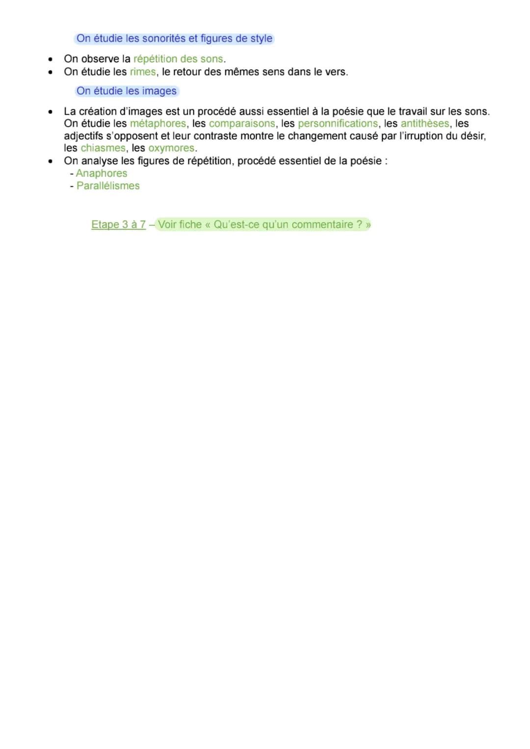 •
•
Français
Préparer le commentaire d'un texte poétique
Etape 1 - Repérer le plus évident
On analyse l'effet sur le lecteur: plaisir à la m