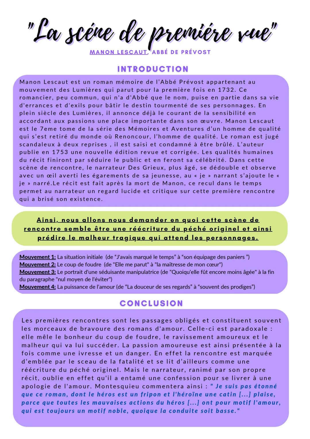 "La scène de première vue"
MANON LESCAUT, ABBÉ DE PRÉVOST
INTRODUCTION
Manon Lescaut est un roman mémoire de l'Abbé Prévost appartenant au
m