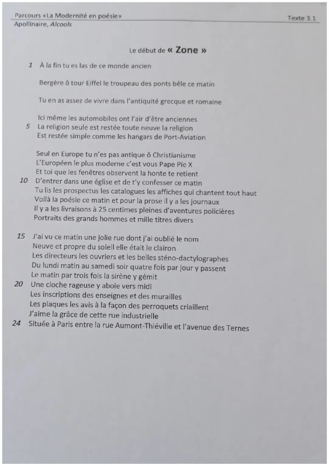 Parcours «La Modernité en poésie>>
Apollinaire, Alcools
Le début de << Zone >>>
1 À la fin tu es las de ce monde ancien
Bergère ô tour Eiffe