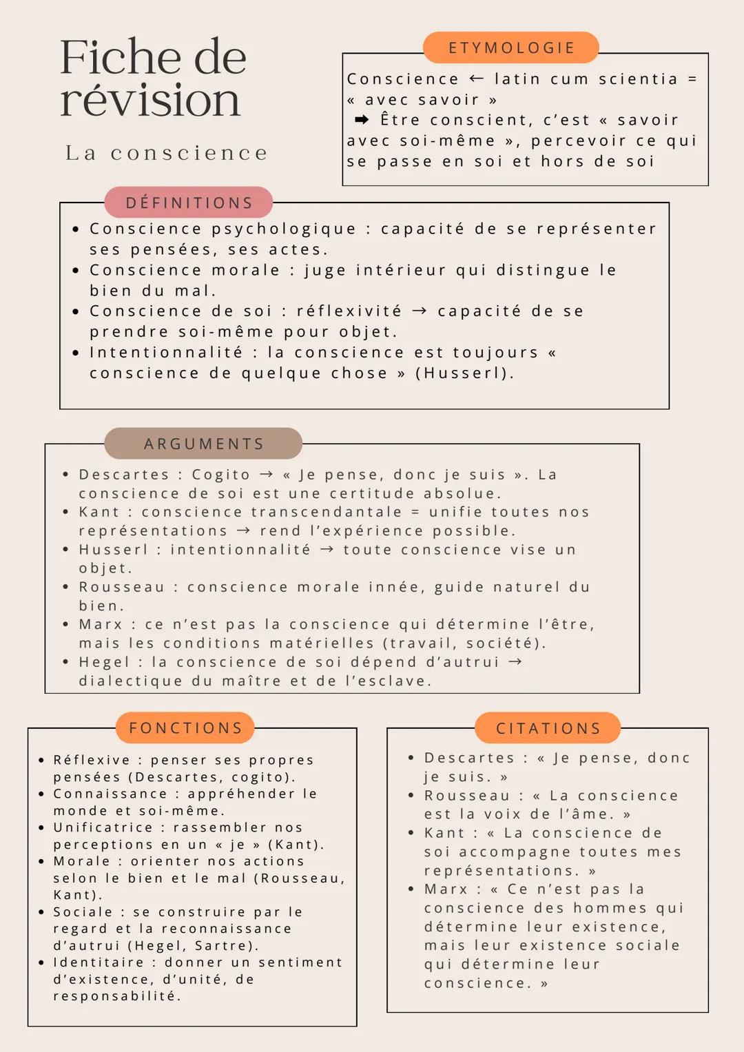 # Fiche de
révision

La conscience

## DÉFINITIONS

*   Conscience psychologique : capacité de se représenter
ses pensées, ses actes.
*   Co