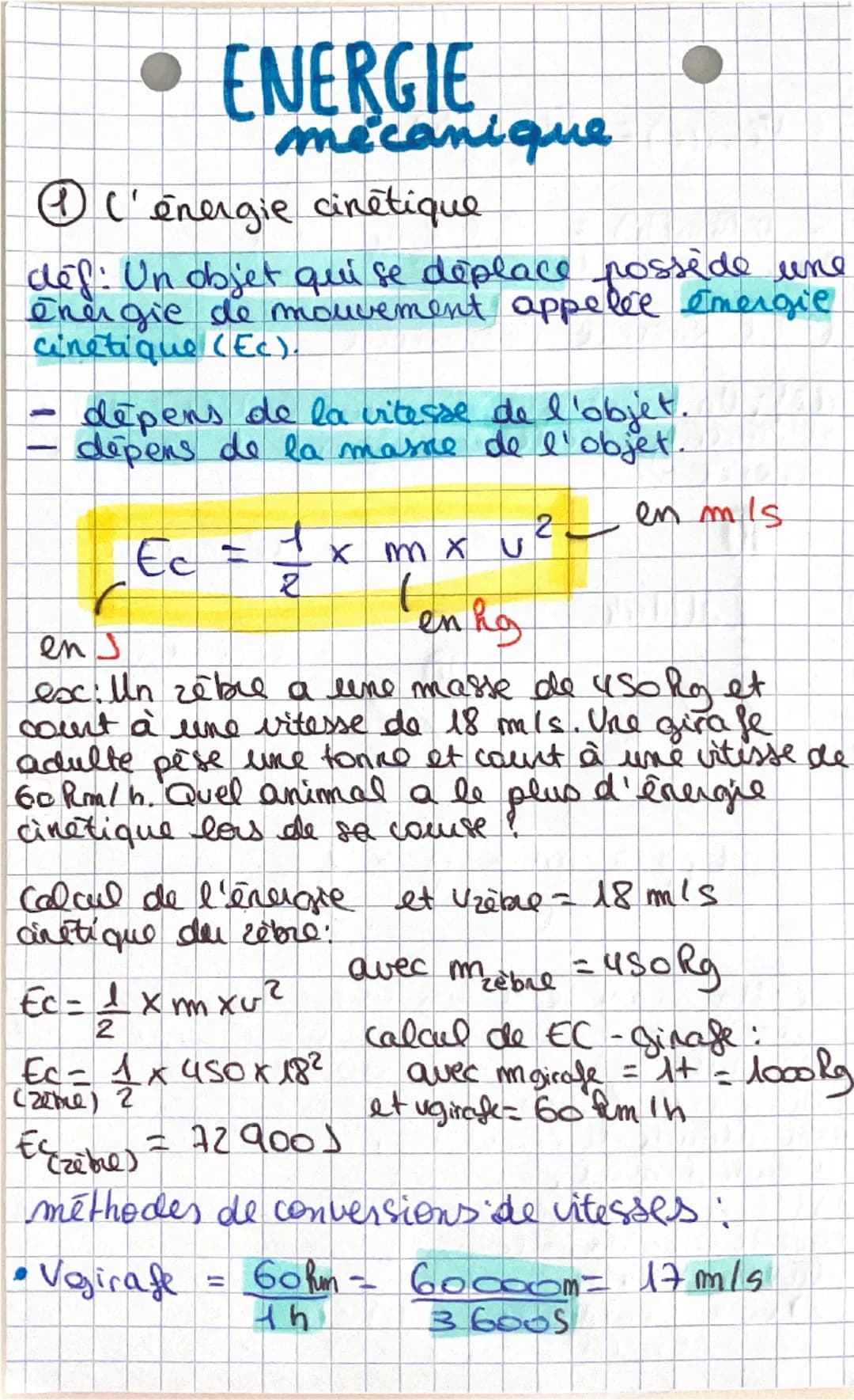 • ENERGIE
mécanique
①l'énergie cinétique
déf: Un objet qui se déplace posside une
energie de mouvement appelée énergie
cinétique (Ec).
depen
