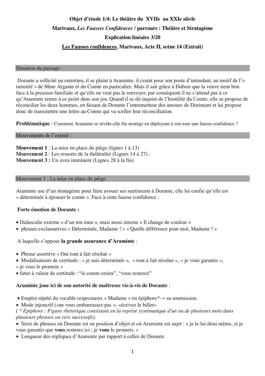 Objet d'étude 1/4: Le théâtre du XVIIe au XXIe siècle
Marivaux, Les Fausses Confidences / parcours : Théâtre et Stratagème
Explication linéa