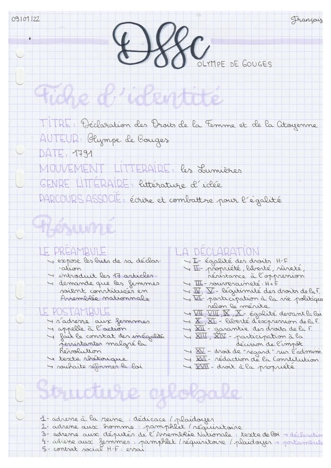09101122
*
DSSc
Fiche d'identité
TITRE: Déclaration des Droits de la Femme et de la Citoyenne
AUTEUR: Glympe de Couges.
DATE: 1791
MOUVEMENT