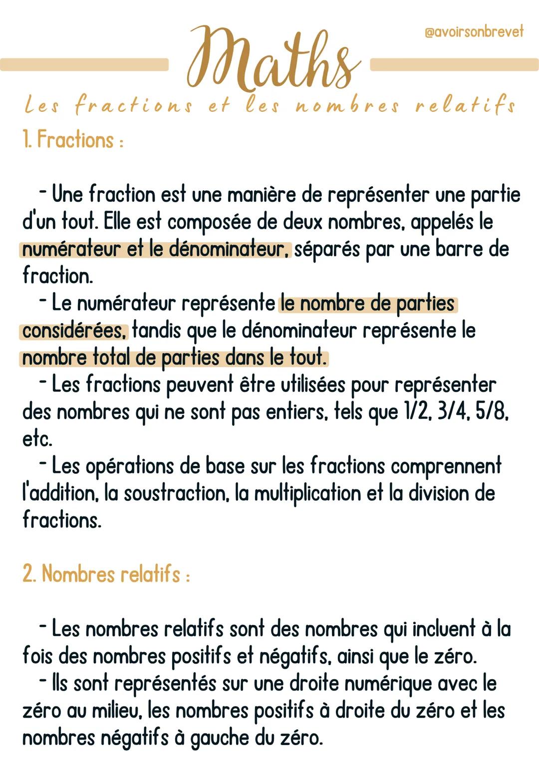 Maths
Les fractions et les nombres relatifs
1. Fractions :
@avoirsonbrevet
- Une fraction est une manière de représenter une partie
d'un tou