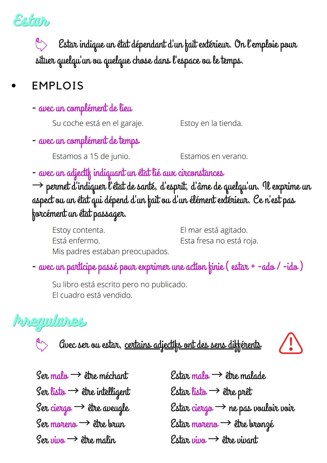 Español - conjugación
Ser
Ser exprime le fait d'exister en soi, l'essence d'un être / d'une chose.
On l'emploie pour désigner, définir ou ca