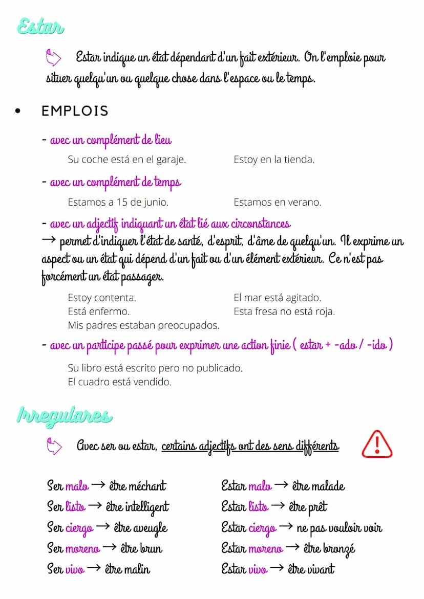 Español - conjugación
Ser
Ser exprime le fait d'exister en soi, l'essence d'un être / d'une chose.
On l'emploie pour désigner, définir ou ca