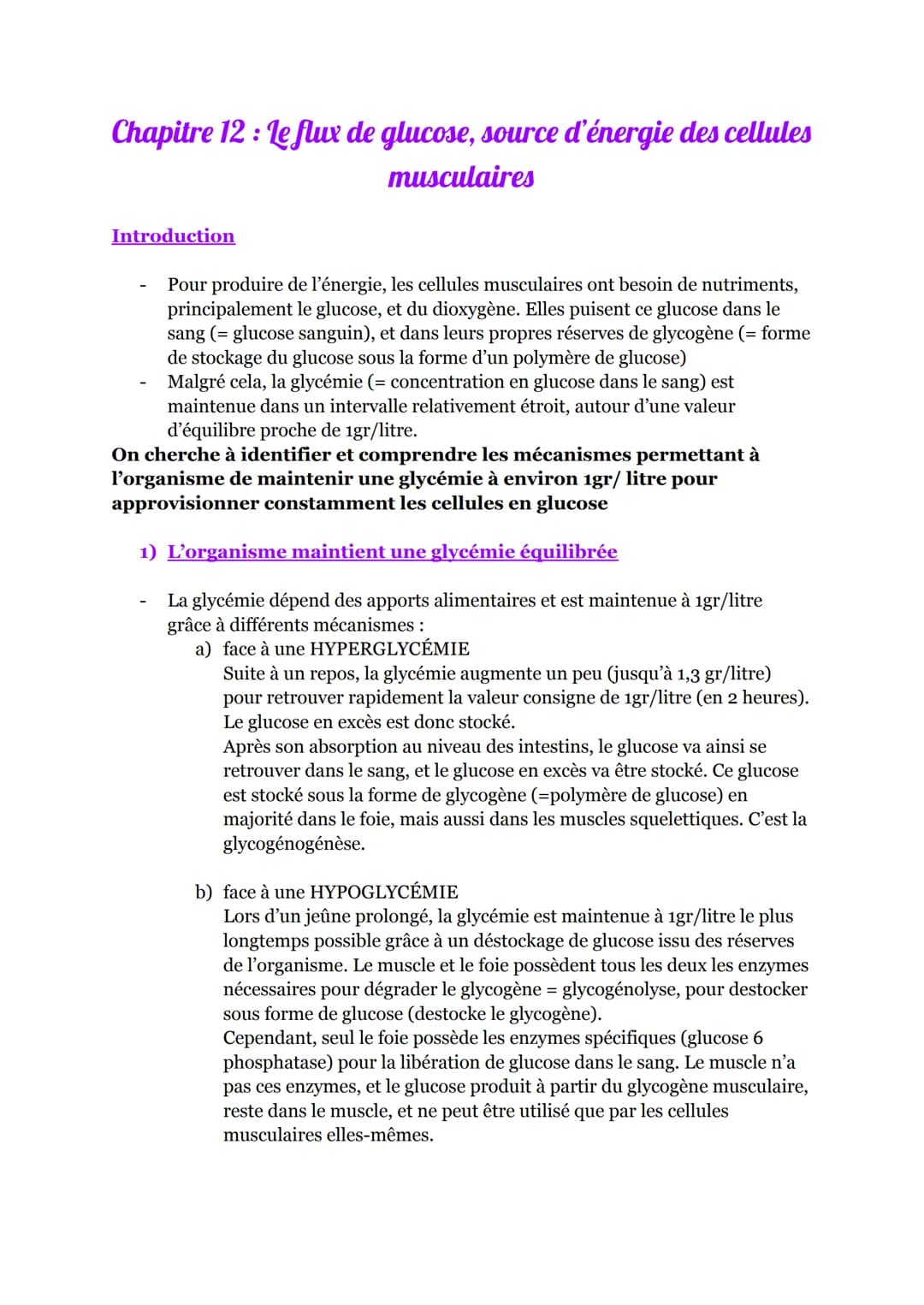 Chapitre 12: le flux de glucose, source d'énergie des cellules
musculaires
Introduction
Pour produire de l'énergie, les cellules musculaires