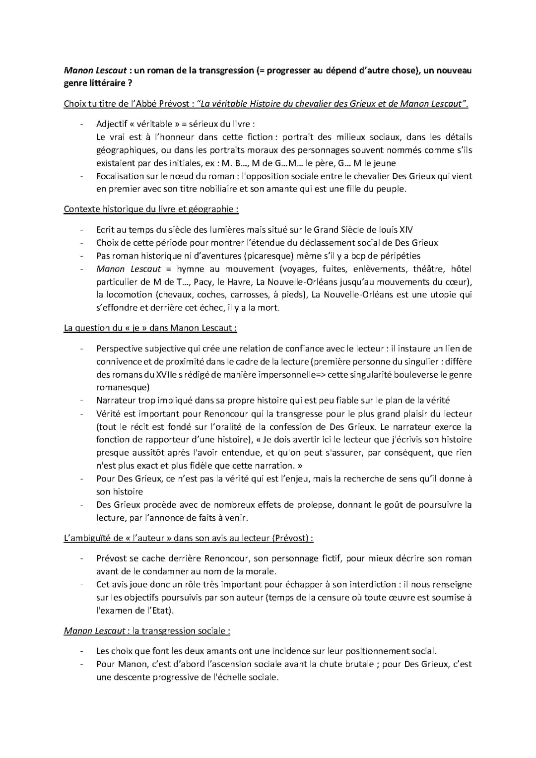Analyse linéaire, Résumé et Dissertation de Manon Lescaut par L'Abbé Prévost (1731)
