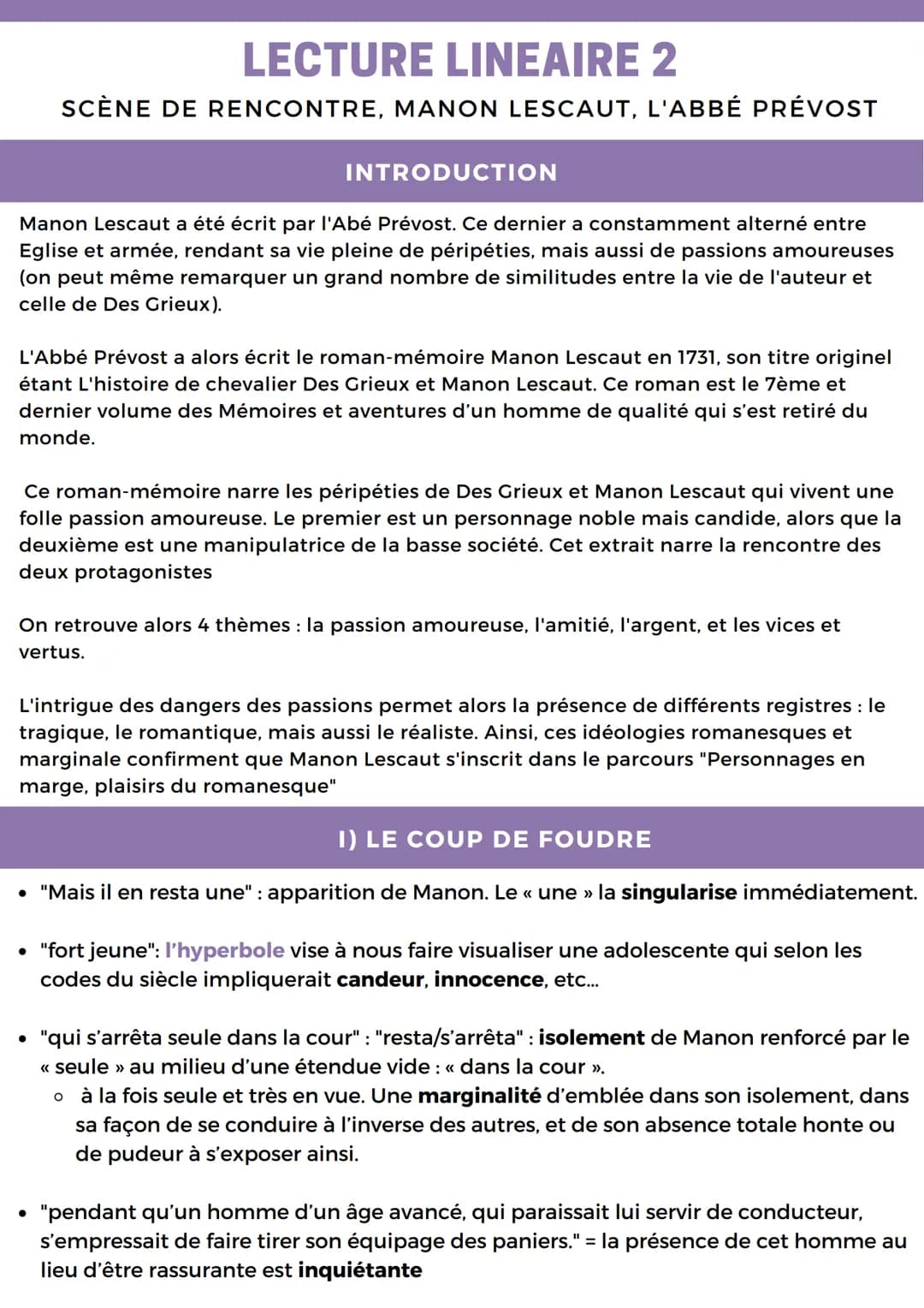 LECTURE LINEAIRE 2
SCÈNE DE RENCONTRE, MANON LESCAUT, L'ABBÉ PRÉVOST
INTRODUCTION
Manon Lescaut a été écrit par l'Abé Prévost. Ce dernier a 