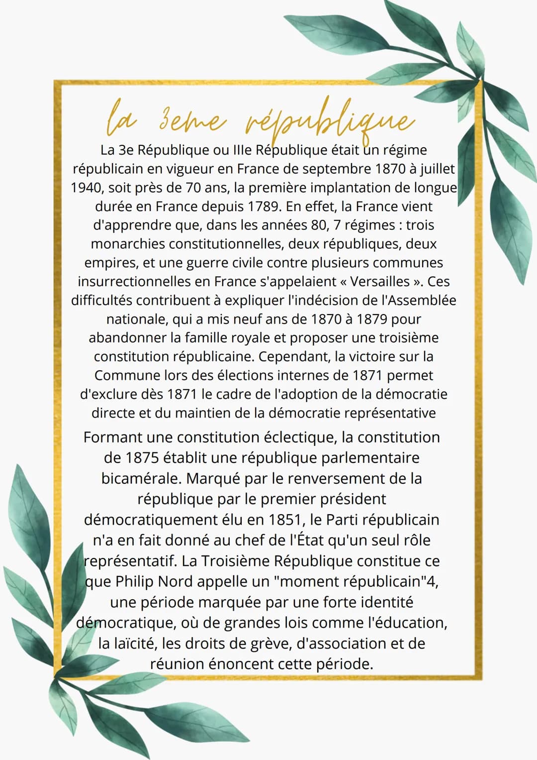 la seme république
La 3e République ou Ille République était un régime
républicain en vigueur en France de septembre 1870 à juillet
1940, so