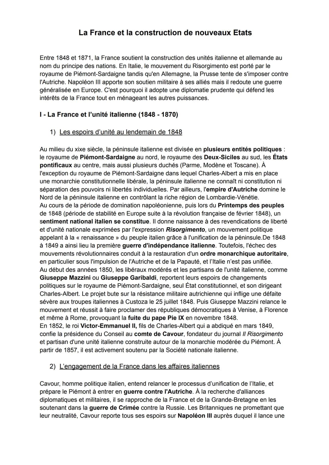 La France et la construction de nouveaux Etats
Entre 1848 et 1871, la France soutient la construction des unités italienne et allemande au
n