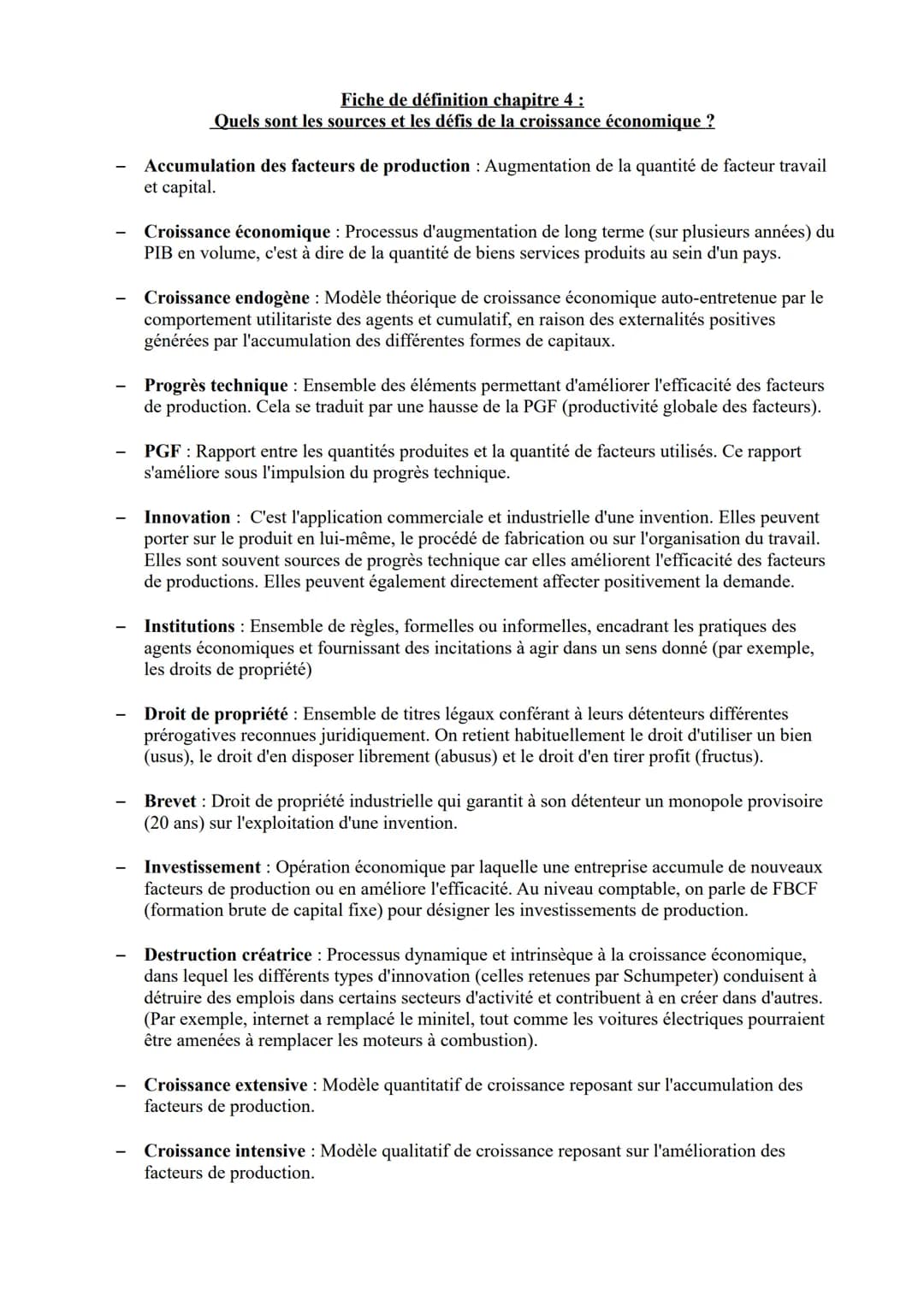 Fiche de définition chapitre 4:
Quels sont les sources et les défis de la croissance économique ?
Accumulation des facteurs de production : 