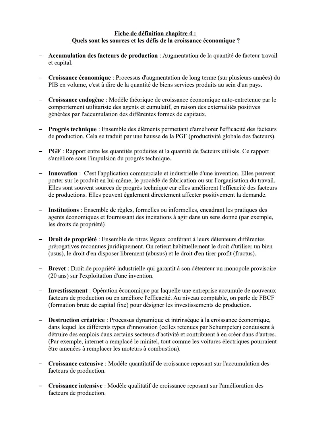 Fiche de définition chapitre 4:
Quels sont les sources et les défis de la croissance économique ?
Accumulation des facteurs de production : 