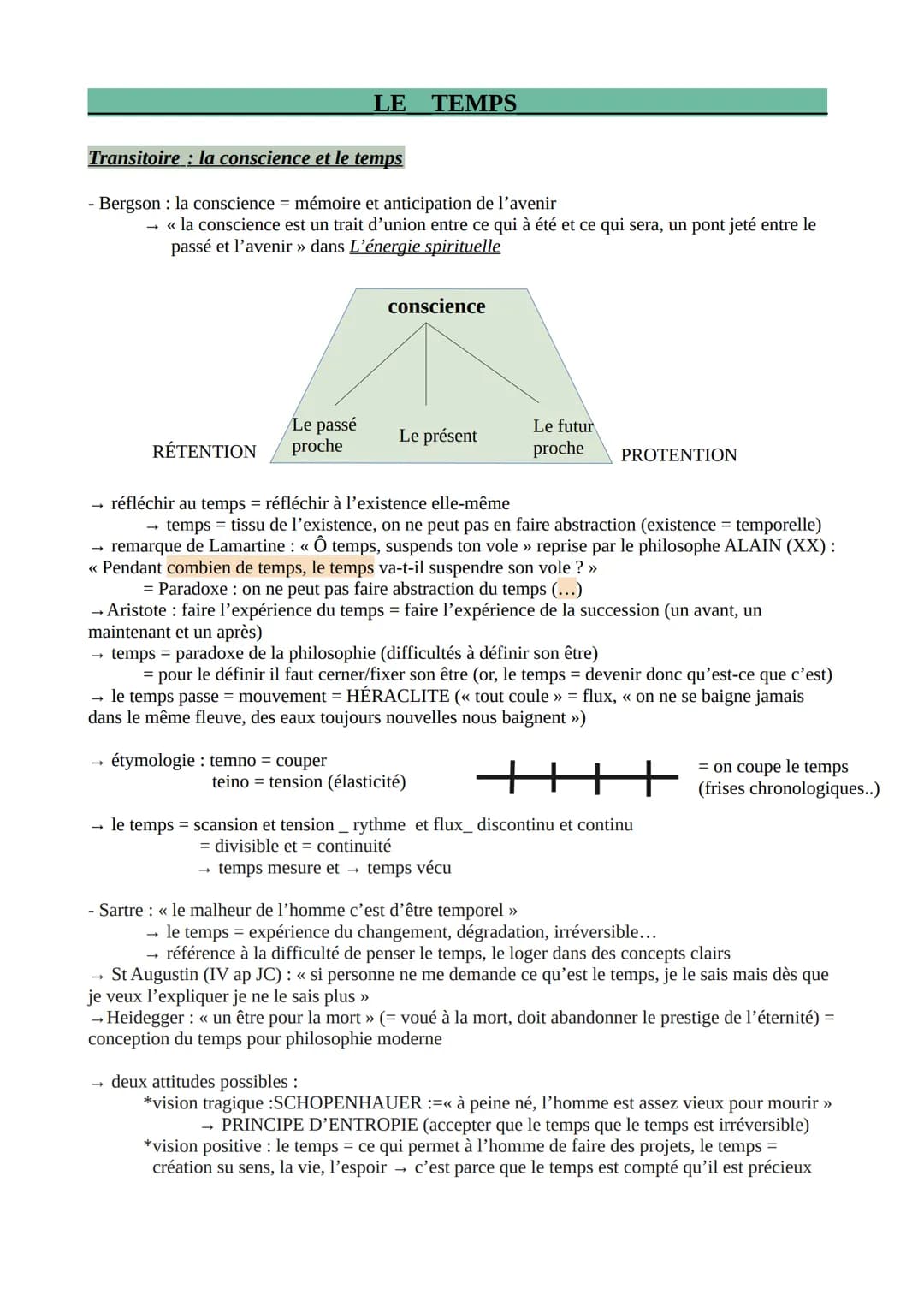 Transitoire: la conscience et le temps
- Bergson : la conscience = mémoire et anticipation de l'avenir
RÉTENTION
LE
<< la conscience est un 