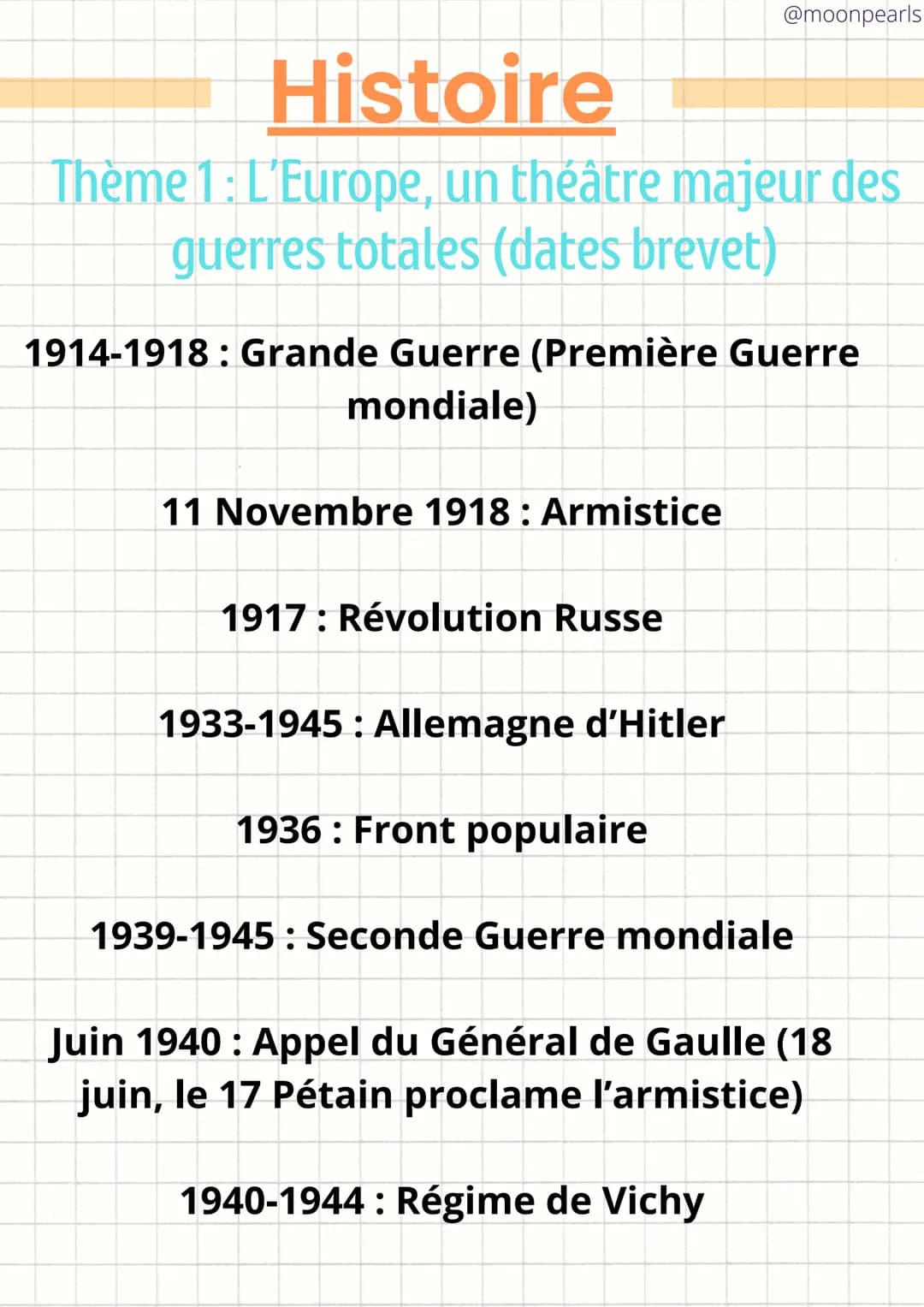 Histoire
Thème 1: L'Europe, un théâtre majeur des
guerres totales (dates brevet)
1914-1918: Grande Guerre (Première Guerre
mondiale)
11 Nove