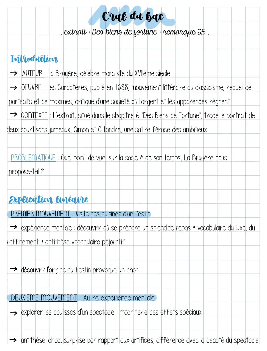 Oral du bac
extrait : Des biens de fortune remarque 25.
Introduction
→ AUTEUR: La Bruyère, célèbre moraliste du XVIIème siècle
→ OEUVRE Les 