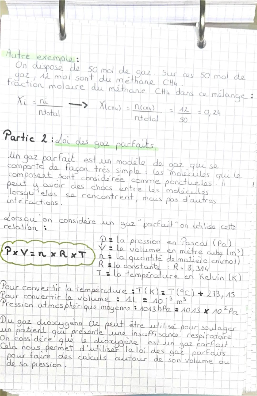Chimie
chapitre 10
Partie 1 : Composition de l'air
• Pour décrire la composition de l'air, on peut utiliser
- des pourcentages molaires
- de