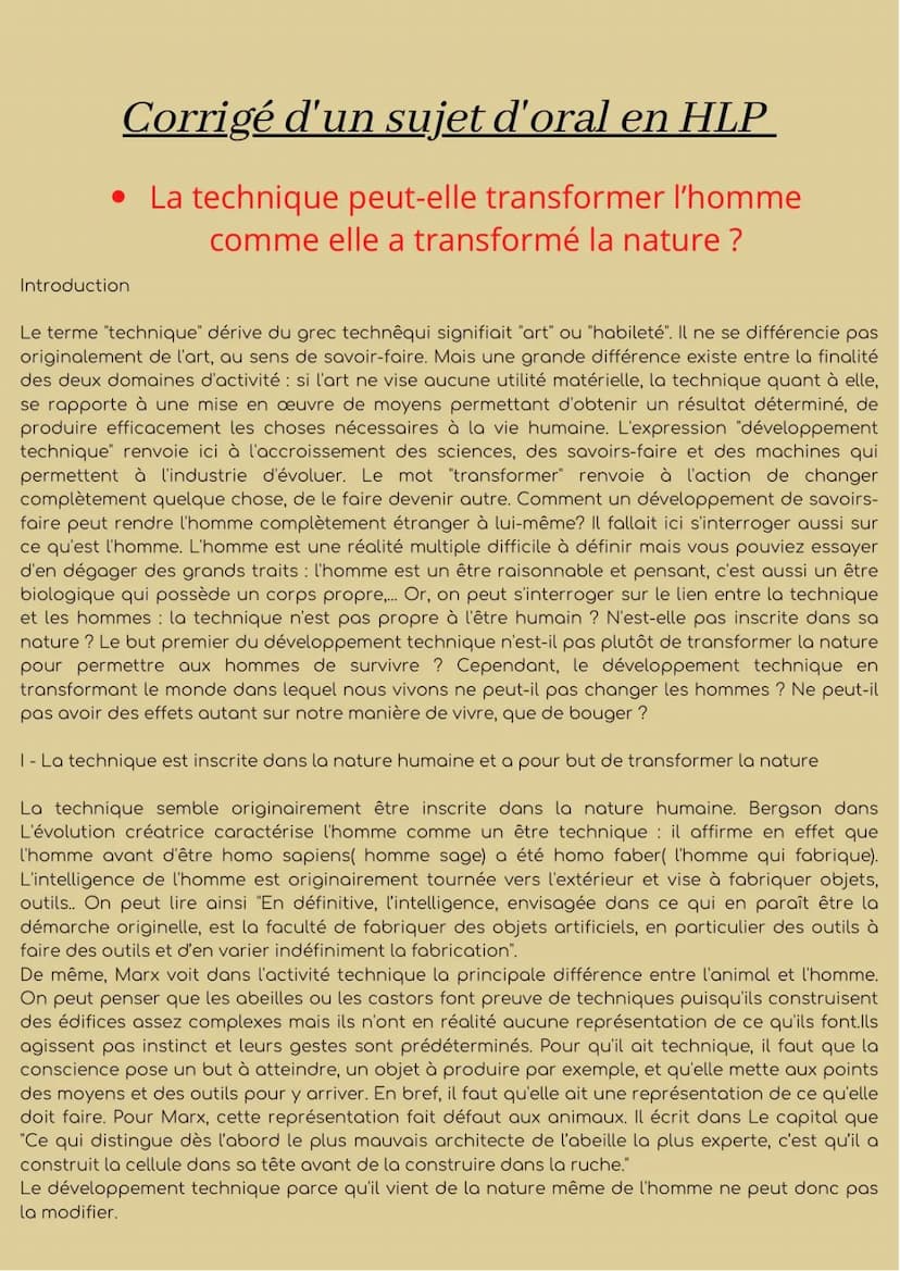 Corrigé d'un sujet d'oral en HLP
• La technique peut-elle transformer l'homme
comme elle a transformé la nature ?
Introduction
Le terme "tec