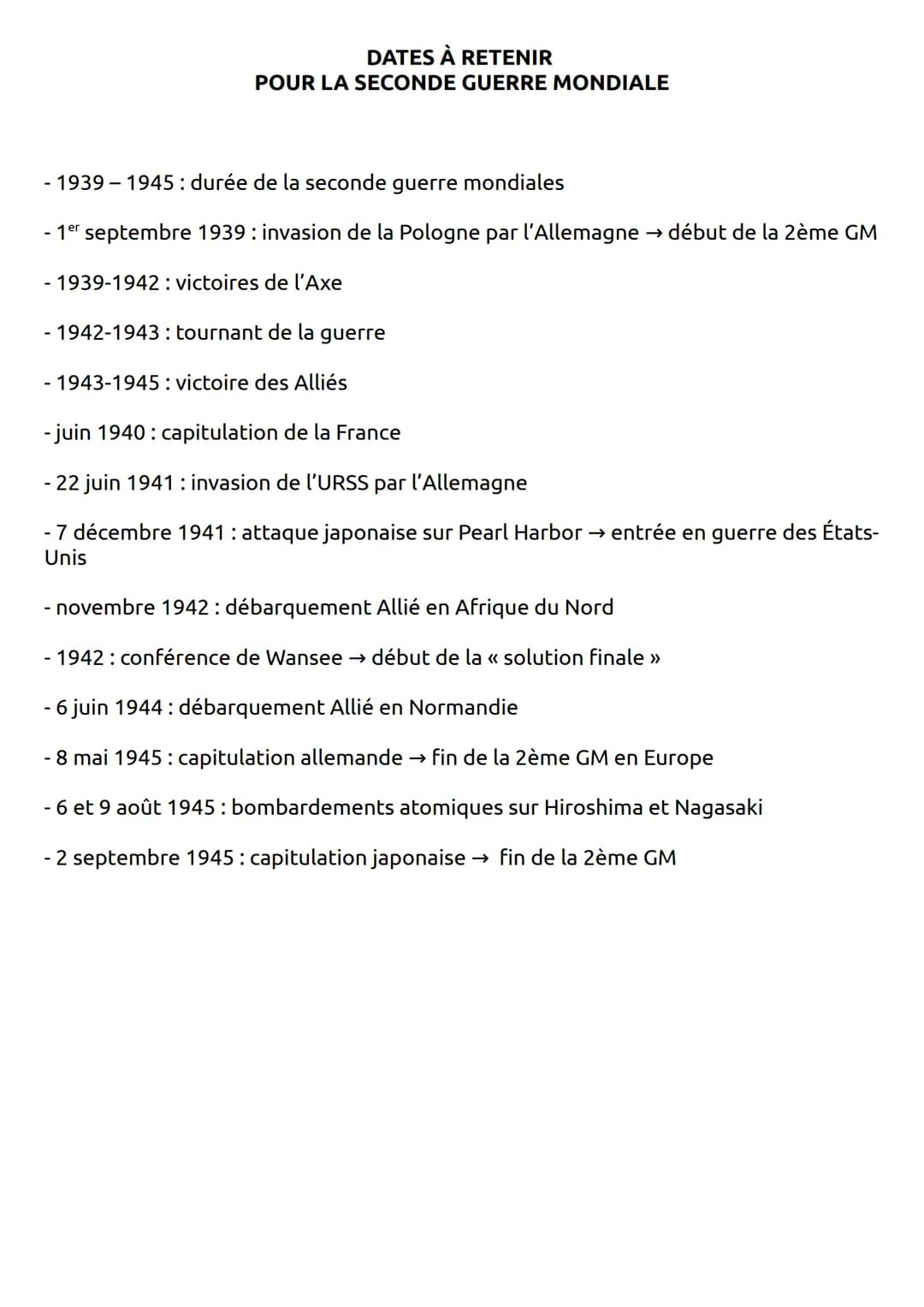 DATES À RETENIR
POUR LA SECONDE GUERRE MONDIALE
- 1939-1945: durée de la seconde guerre mondiales
- 1er septembre 1939: invasion de la Polog