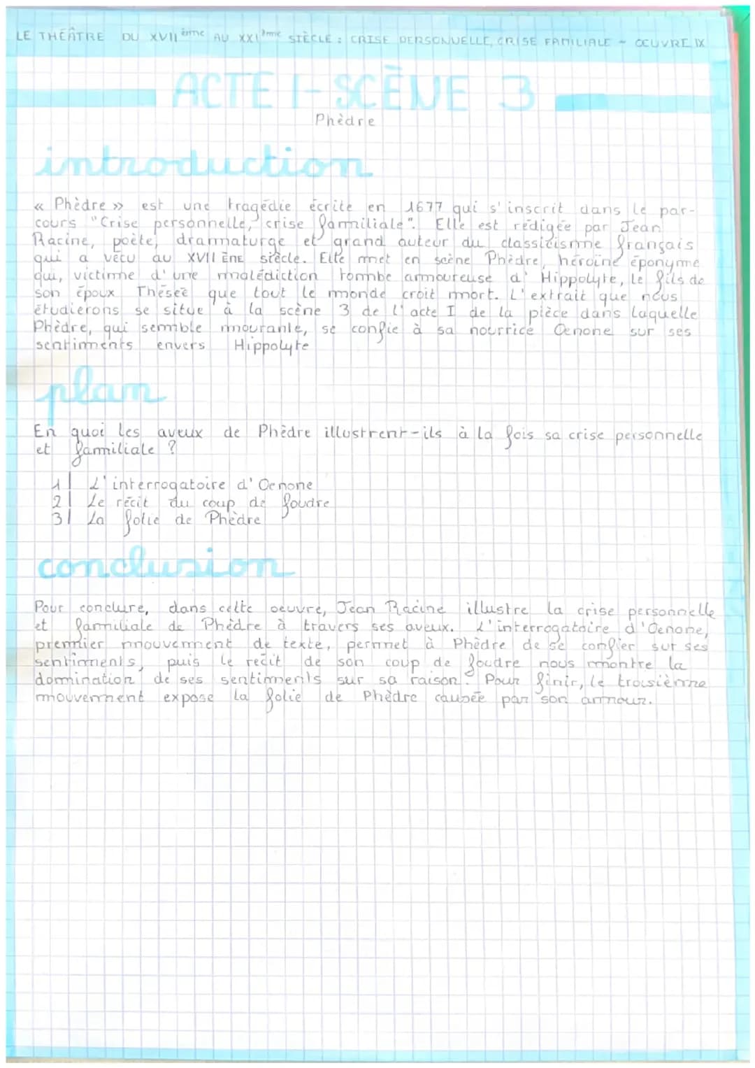 LE THEATRE DU XVII AU XX SIÈCLE: CRISE DERSONNELLE, CRISE FAMILIALE OCUVRE IX
ACTE |-- SCÈNE 3
Phèdre
introduction
<< Phèdre » est
une trage