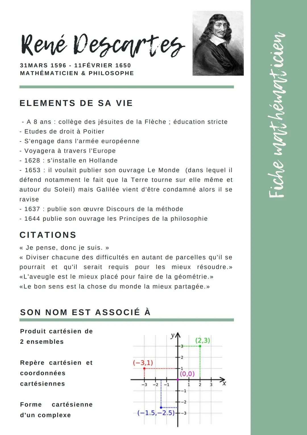 René Descartes
31 MARS 1596 - 11FÉVRIER 1650
MATHÉMATICIEN & PHILOSOPHE
ELEMENTS DE SA VIE
- A 8 ans collège des jésuites de la Flèche; éduc