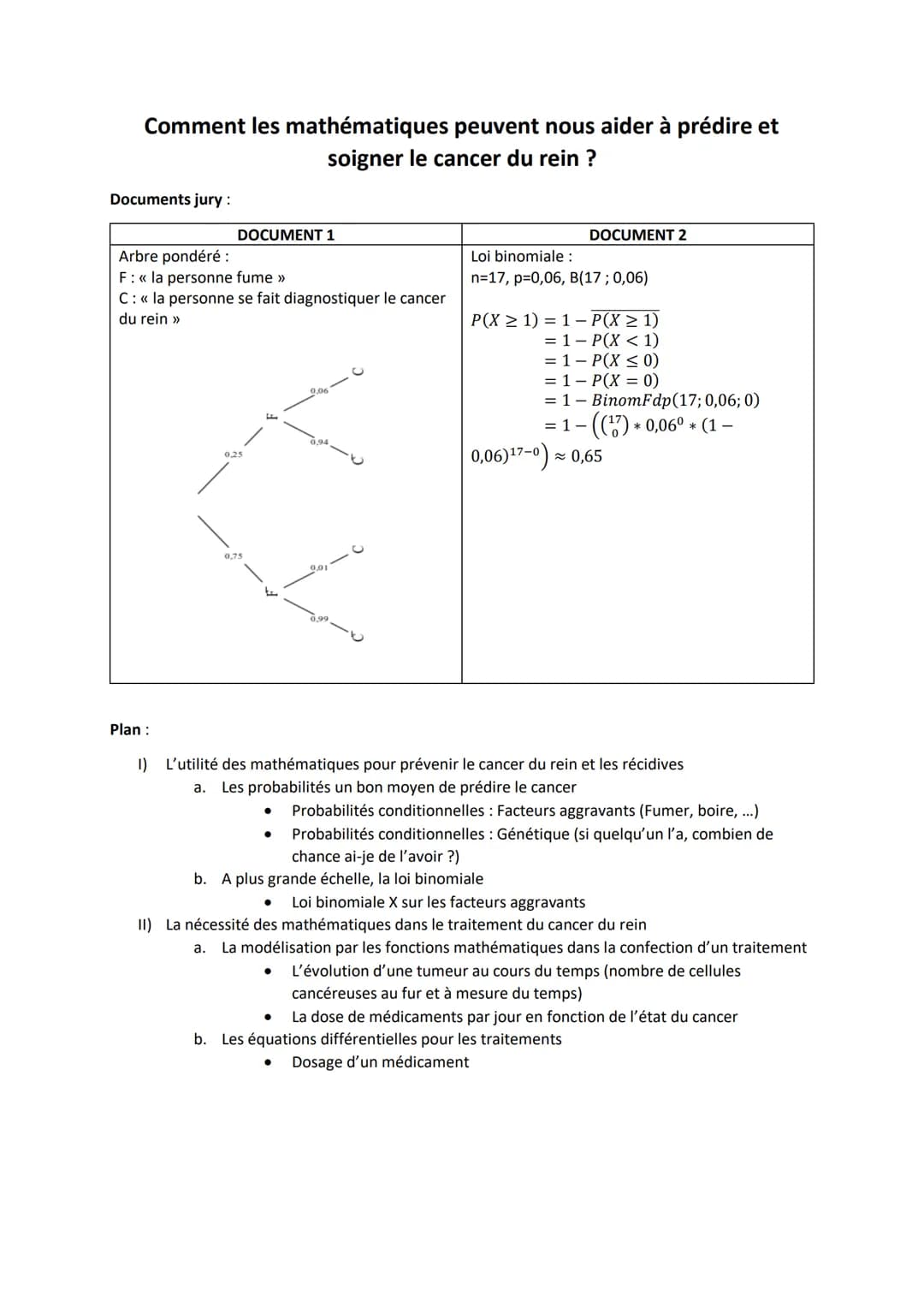 Comment les mathématiques peuvent nous aider à prédire et
soigner le cancer du rein ?
Documents jury :
DOCUMENT 1
Arbre pondéré :
F: << la p